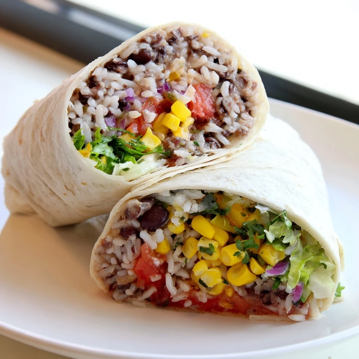 A close-up of a flavorful Rice & Bean Burrito, showcasing layers of fresh vegetables and salsa inside.