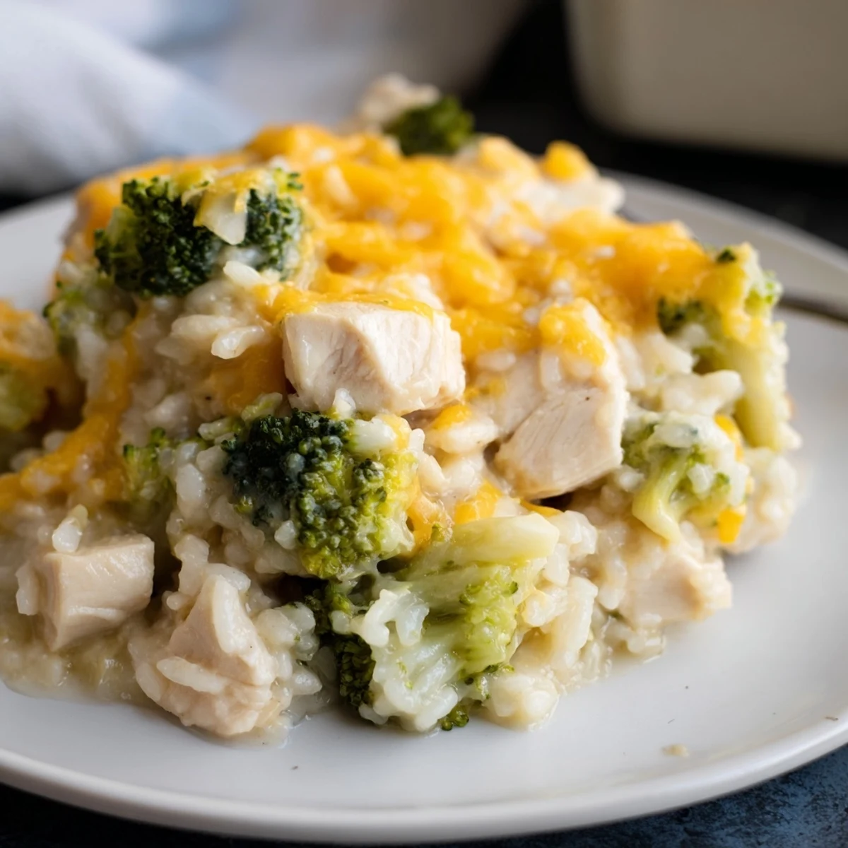 Golden, bubbly Chicken & Broccoli Rice Casserole, a comforting weeknight family dinner, ready to serve.