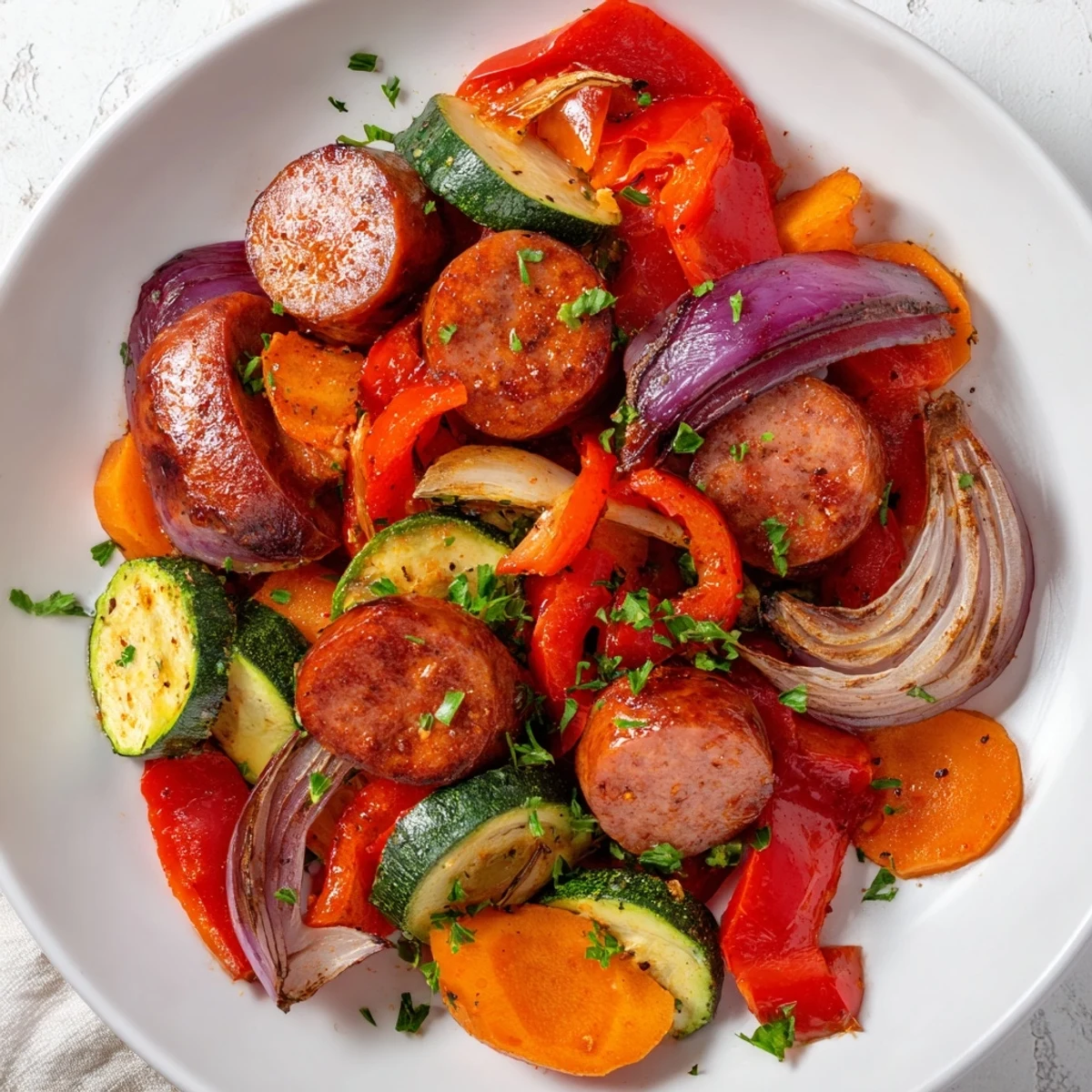Sheet-pan roasted veggies and sausage with golden edges, perfect for a quick and flavorful dinner.