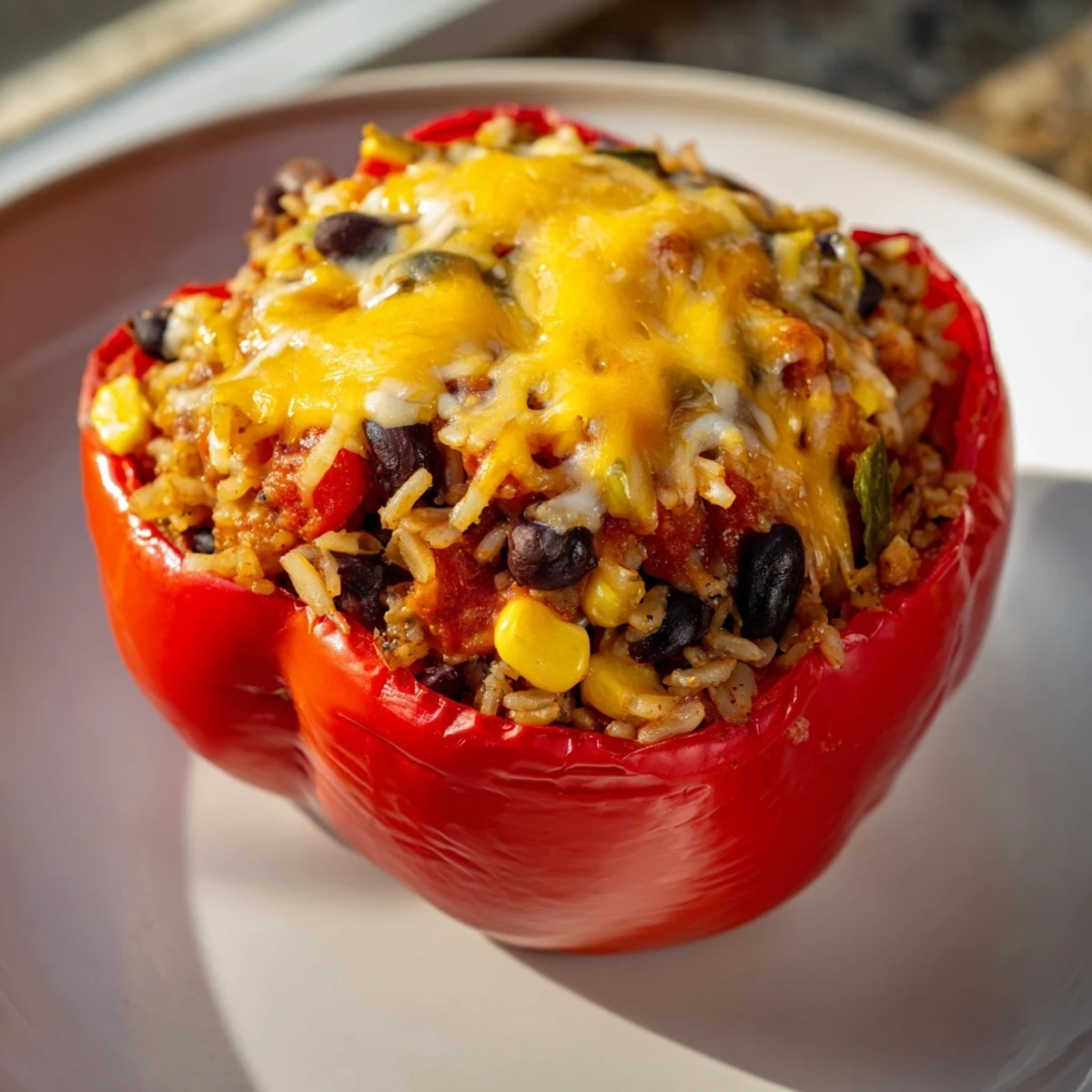 Golden-brown Stuffed Bell Peppers filled with savory rice and cheese, a comforting baked dinner.