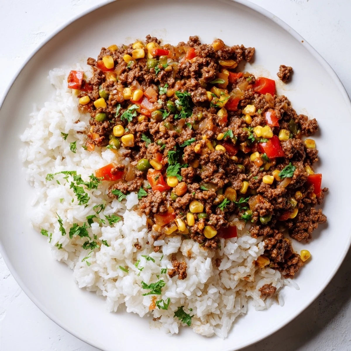 A flavorful Ground Beef Skillet showcases browned meat, colorful veggies, and fragrant seasonings, cooked to perfection.