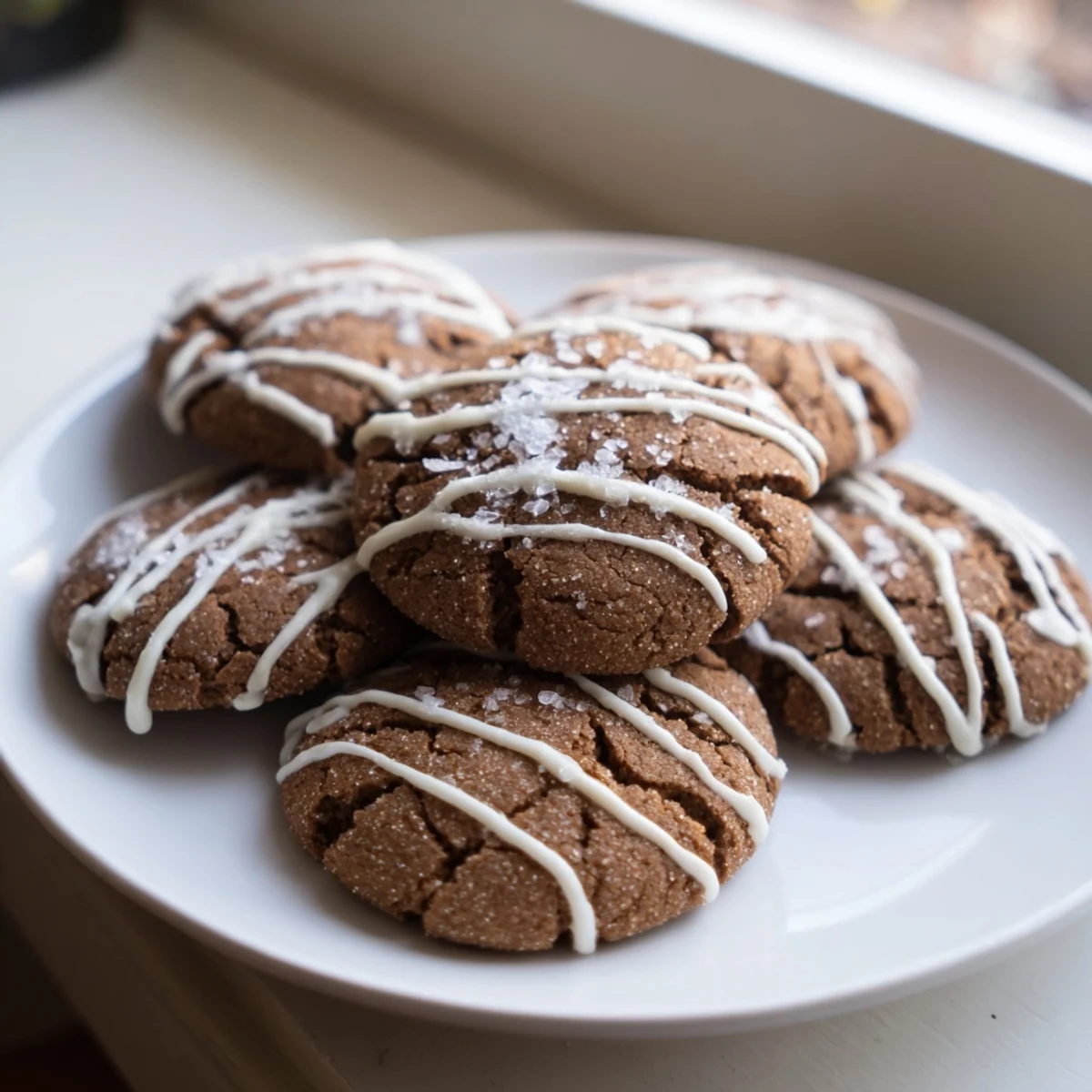 Freshly baked gingerbread latte cookies, with crackled tops and a sweet white chocolate glaze, ready to enjoy.