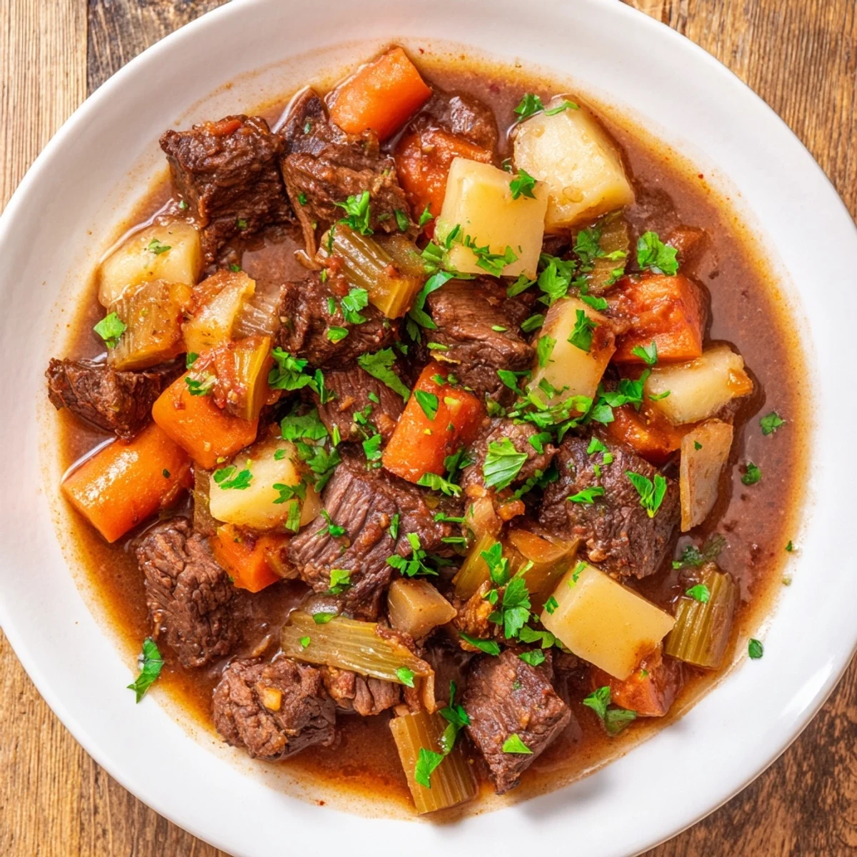 Steaming hot Instant Pot Beef Stew with chunks of beef and root vegetables, perfect for a cozy dinner.