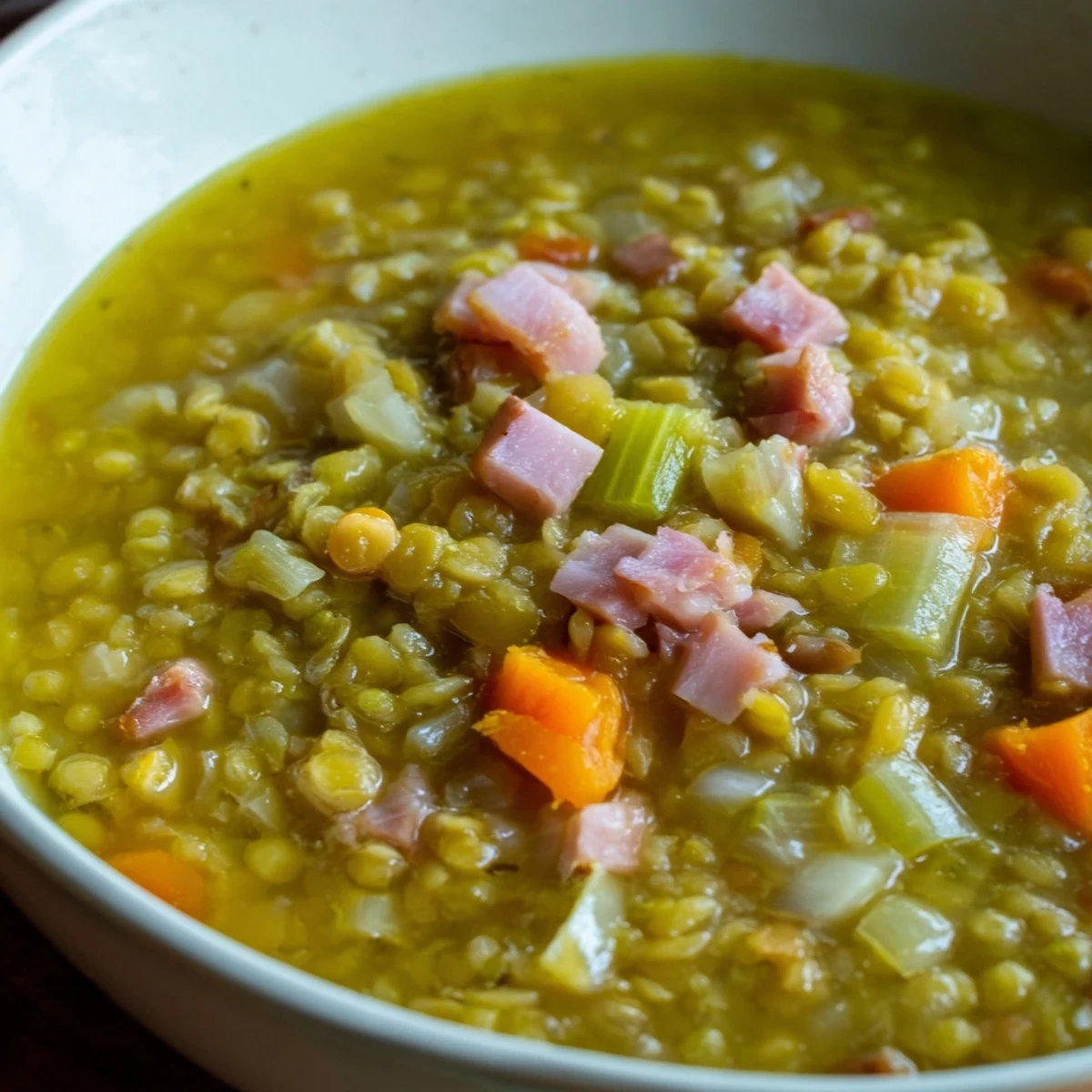 Steaming bowl of Hearty Split Pea and Ham Soup, showcasing tender peas and flavorful ham chunks.