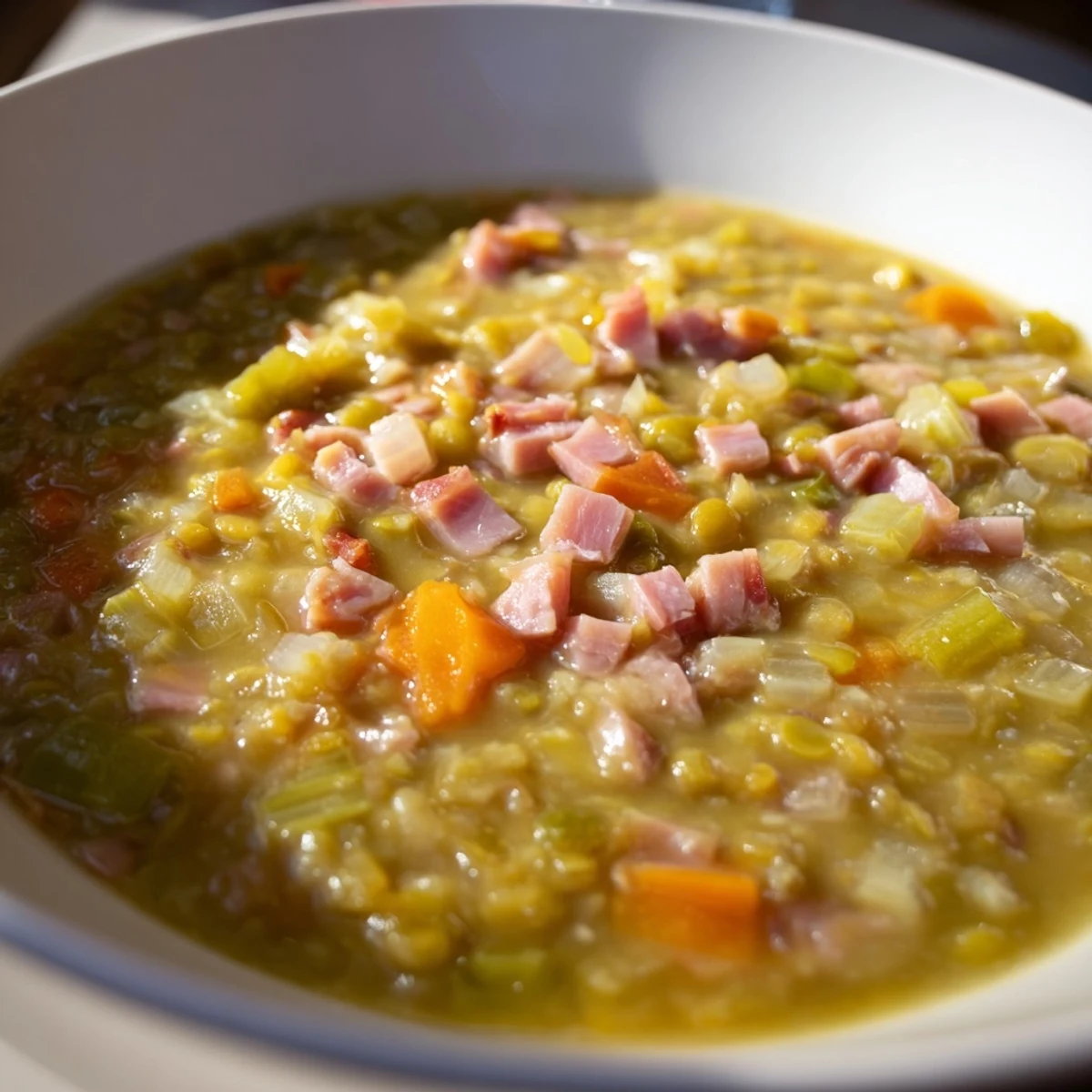 Close-up of the Hearty Split Pea and Ham Soup, a hearty, comforting meal, perfect for a cold evening.