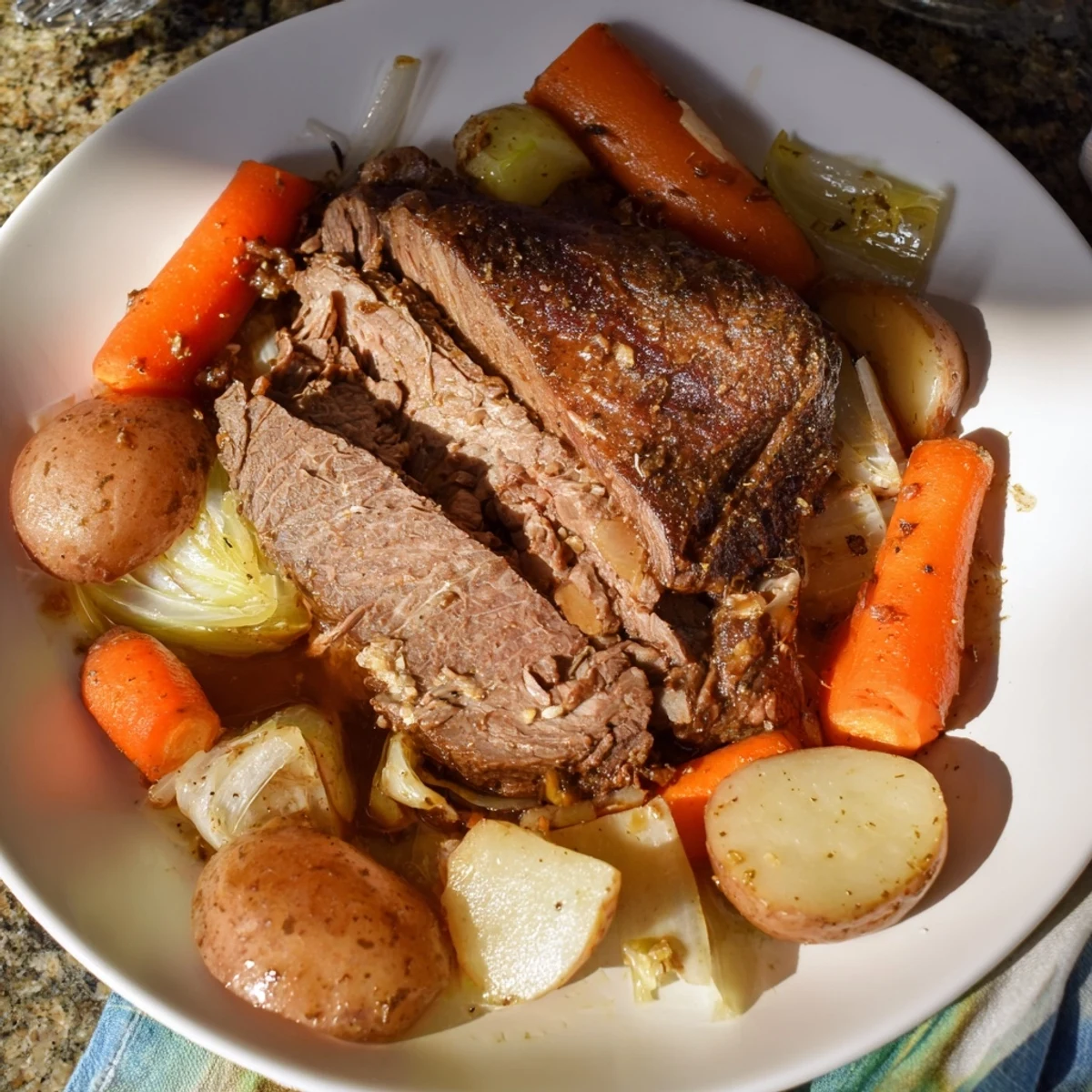 A close-up shot of the fork-tender Pickle Brine Pot Roast, slow-cooked to juicy perfection in a Dutch oven.