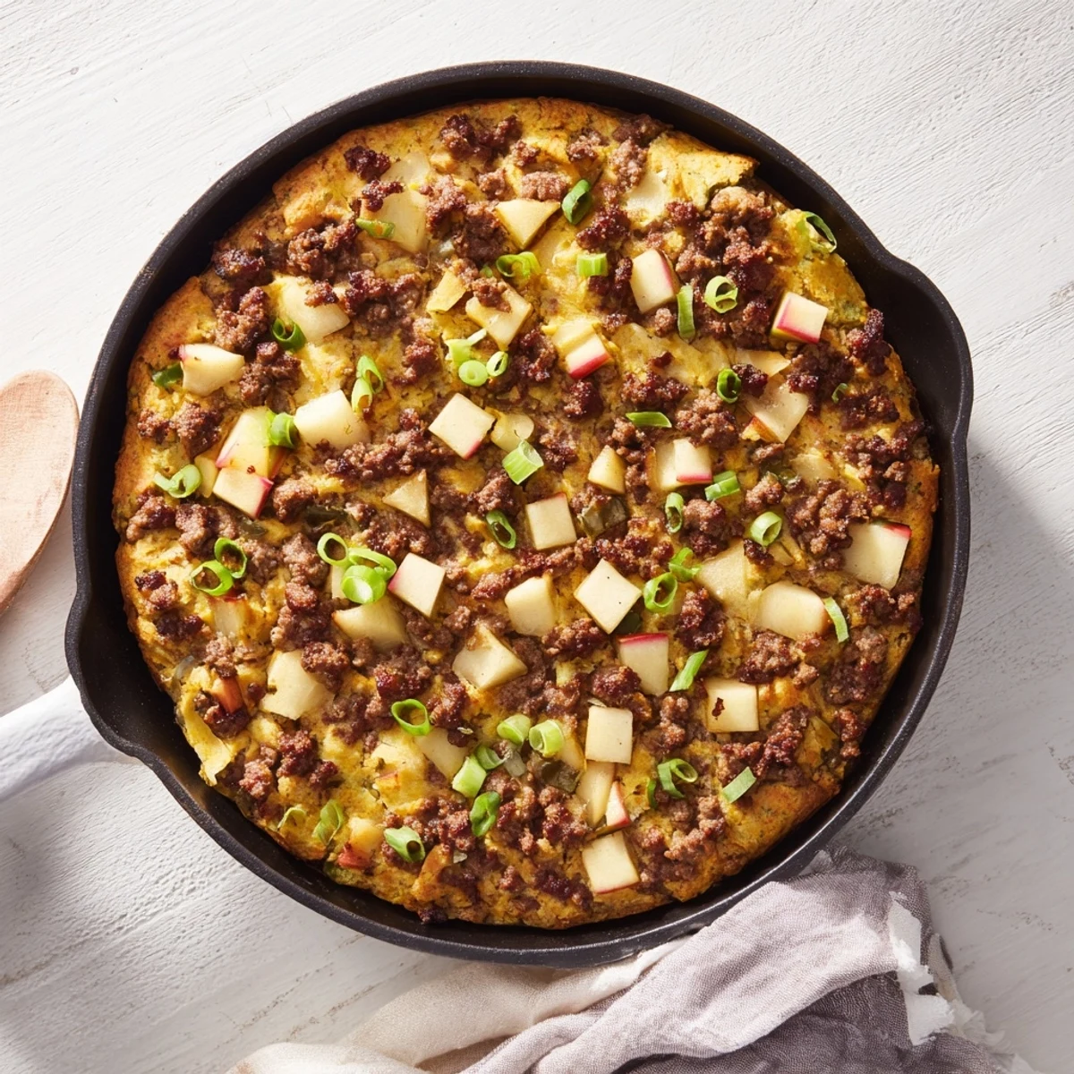 Golden, bubbly Savory Apple, Sausage, and Cheddar Scone Skillet, perfect for a cozy brunch at home.