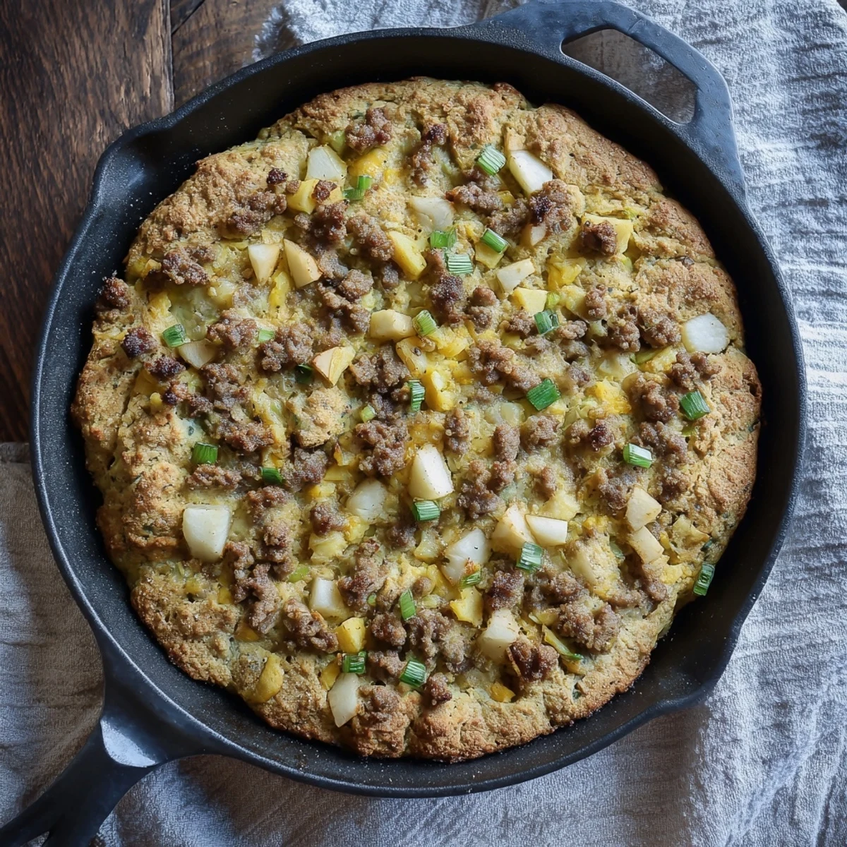 Close-up of a warm, rustic Savory Apple, Sausage, and Cheddar Scone Skillet, ready to be served.