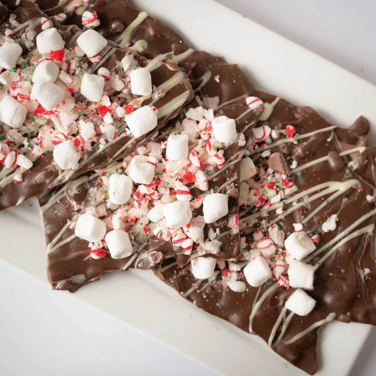 Semi-sweet chocolate base of the Viral Hot Chocolate Bomb Bark, speckled with cocoa mix and marshmallow topping.