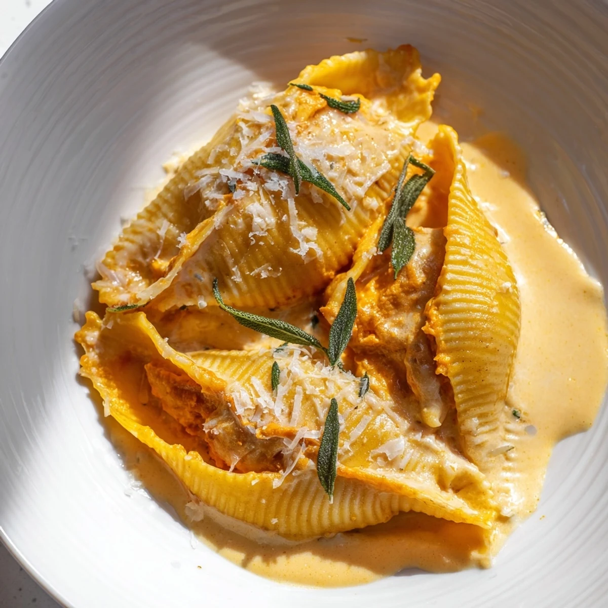 A close-up of Pumpkin & Gouda Stuffed Shells, highlighting the creamy filling and golden Alfredo drizzle, perfect for dinner.