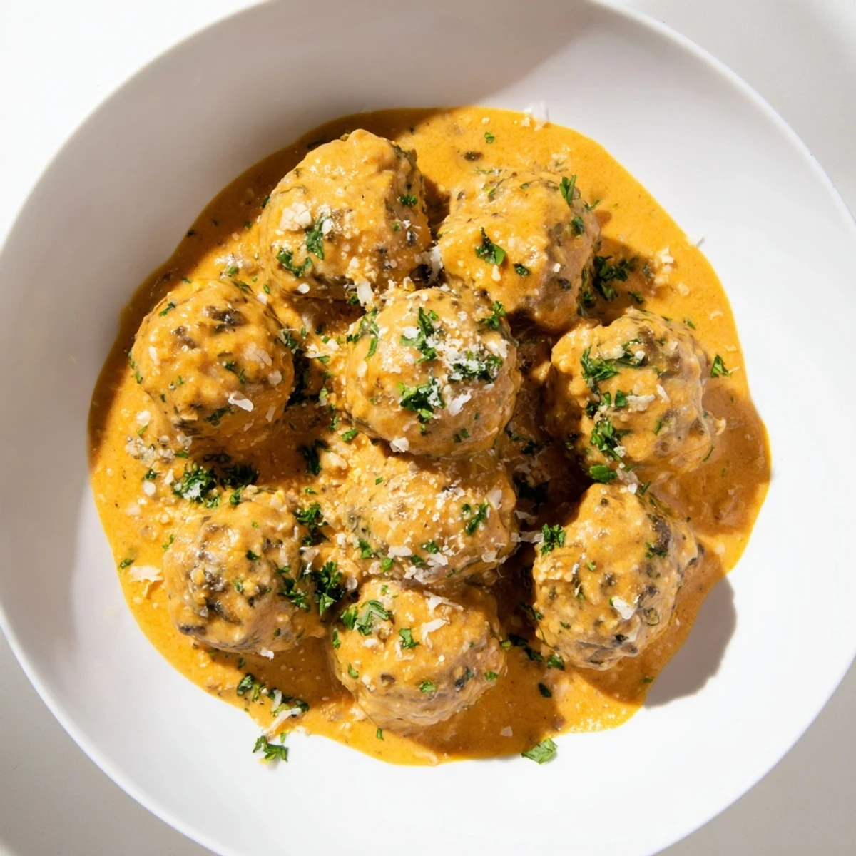 A plate of turkey meatballs in pumpkin sage sauce, plated with pasta and fresh parsley.