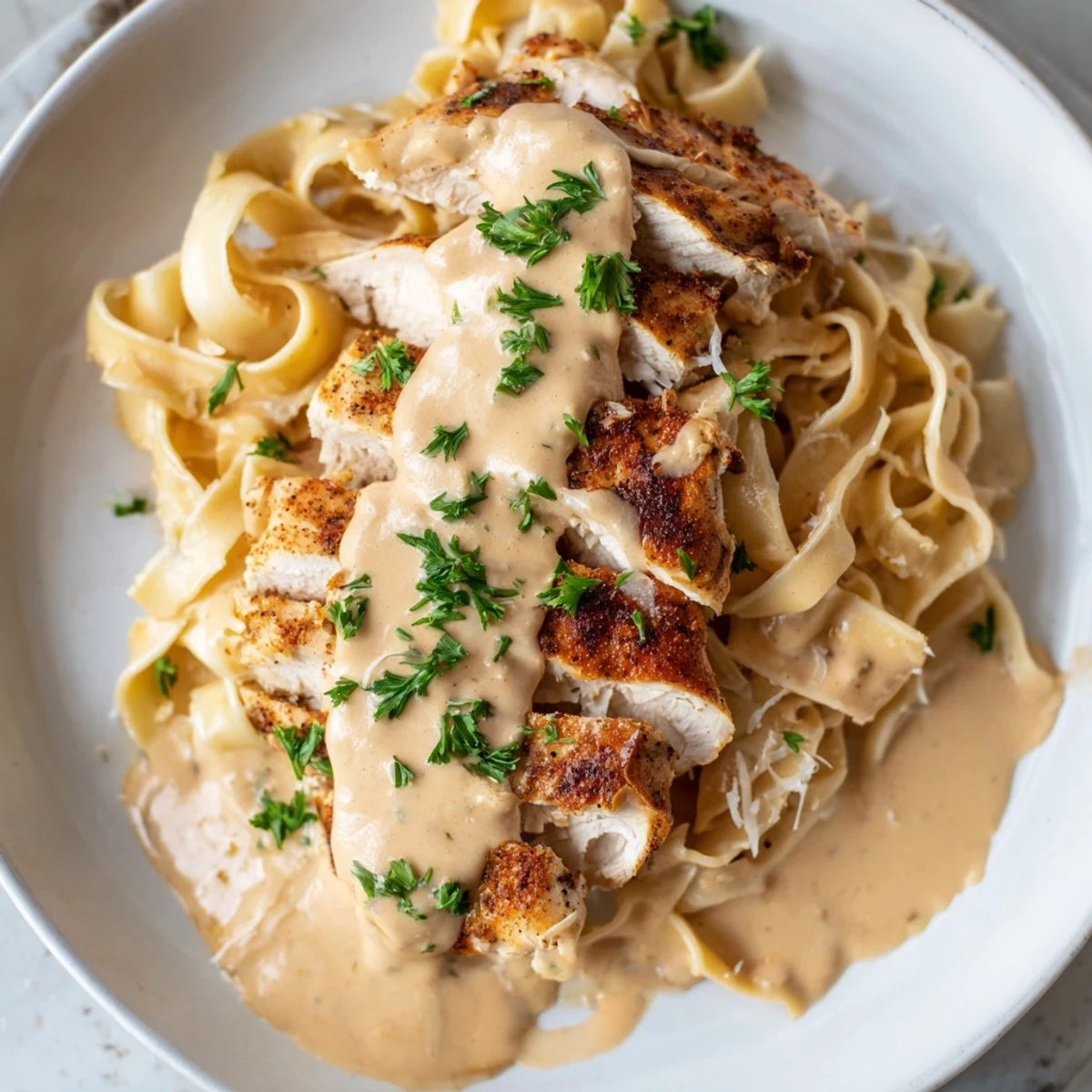 Tender Cajun Chicken Alfredo Fettuccine pasta swimming in a rich, creamy Velveeta sauce, ready to serve.