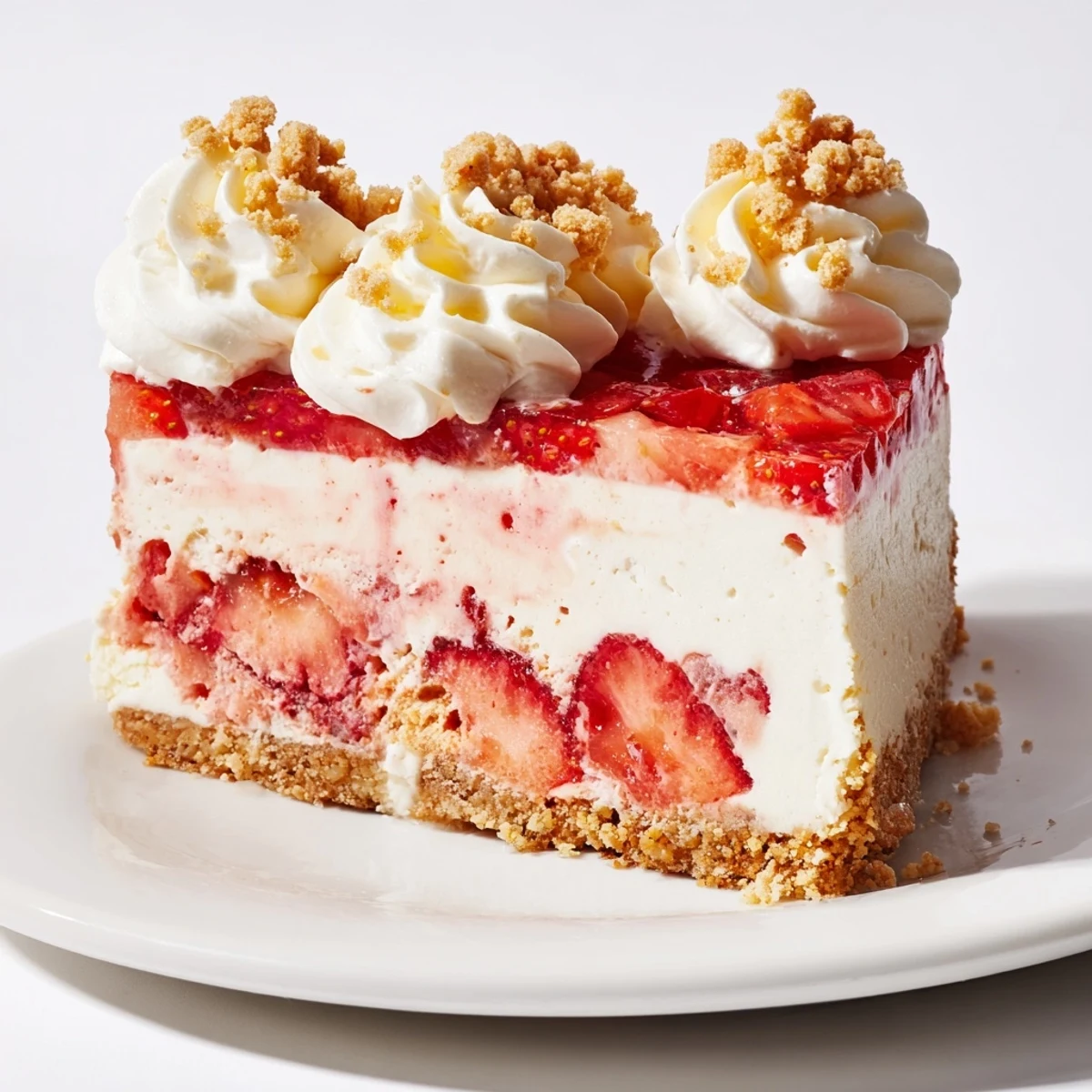 A slice of delicious Strawberry Shortcake Cheesecake with a perfect strawberry topping and crumble.
