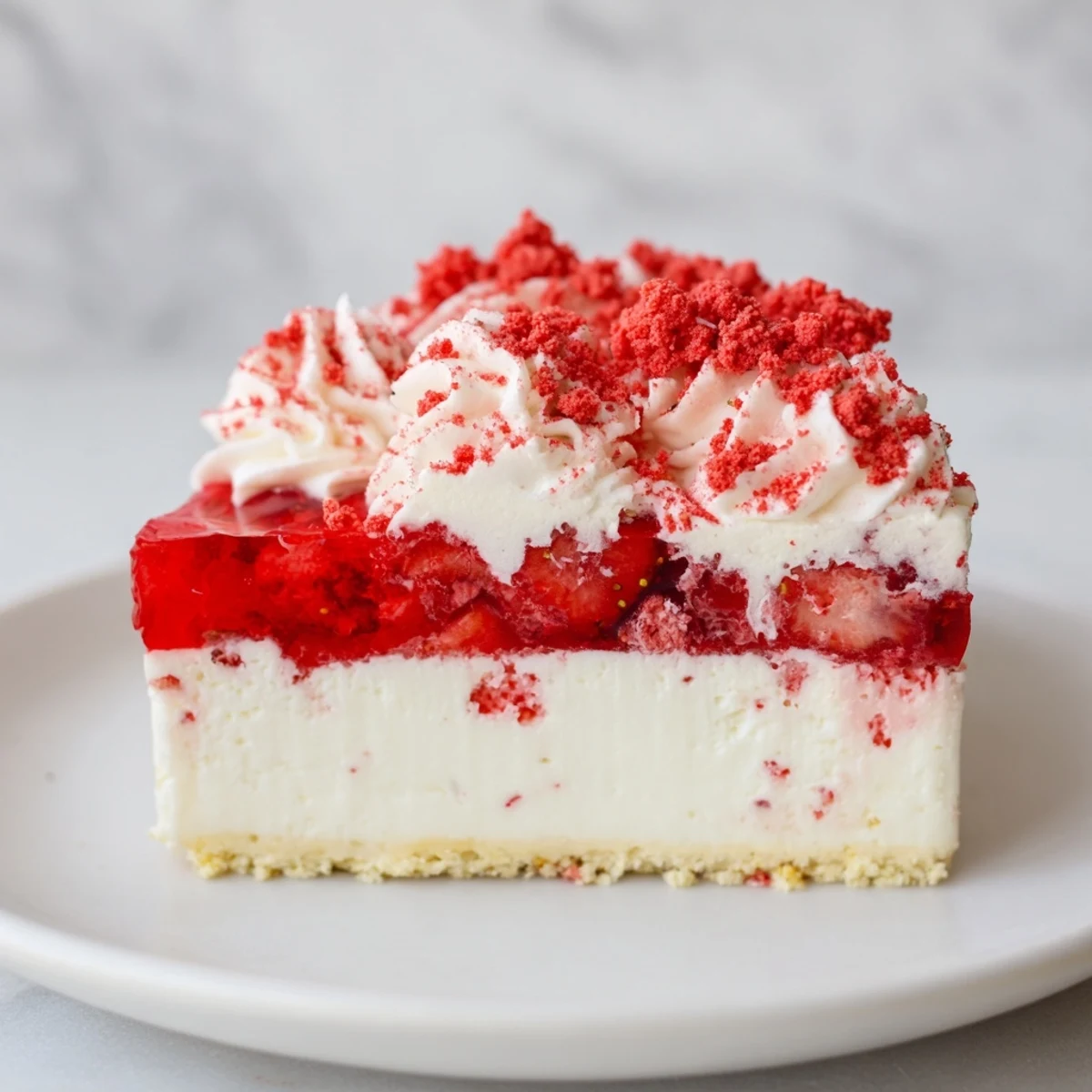 Creamy, layered Strawberry Shortcake Cheesecake, photographed with a generous serving of whipped cream and crumble.