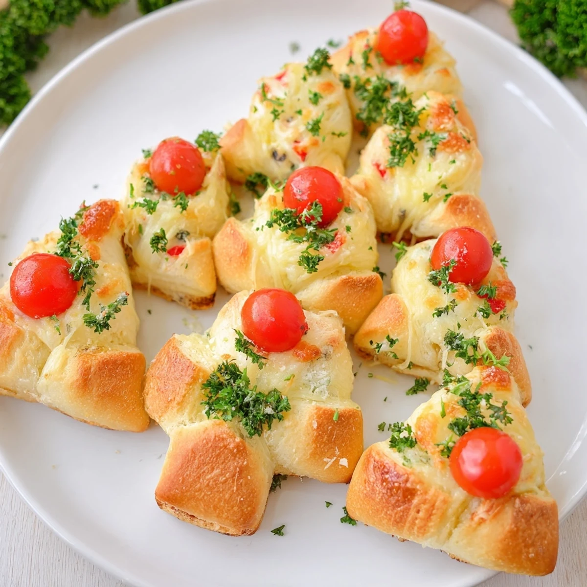 Festive Budget Christmas Crescent Roll Trees, garnished with tomatoes and parsley, offer a delicious holiday snack.
