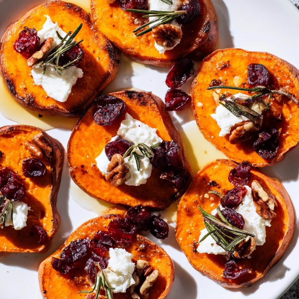 Warm, colorful Express Holiday Sweet Potato Rounds, topped with creamy goat cheese and crunchy pecans.