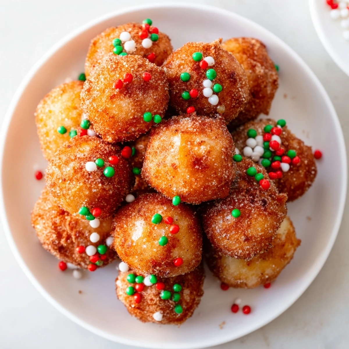 Golden, airy Air Fryer Christmas Donut Holes, dusted with cinnamon sugar and holiday sprinkles.