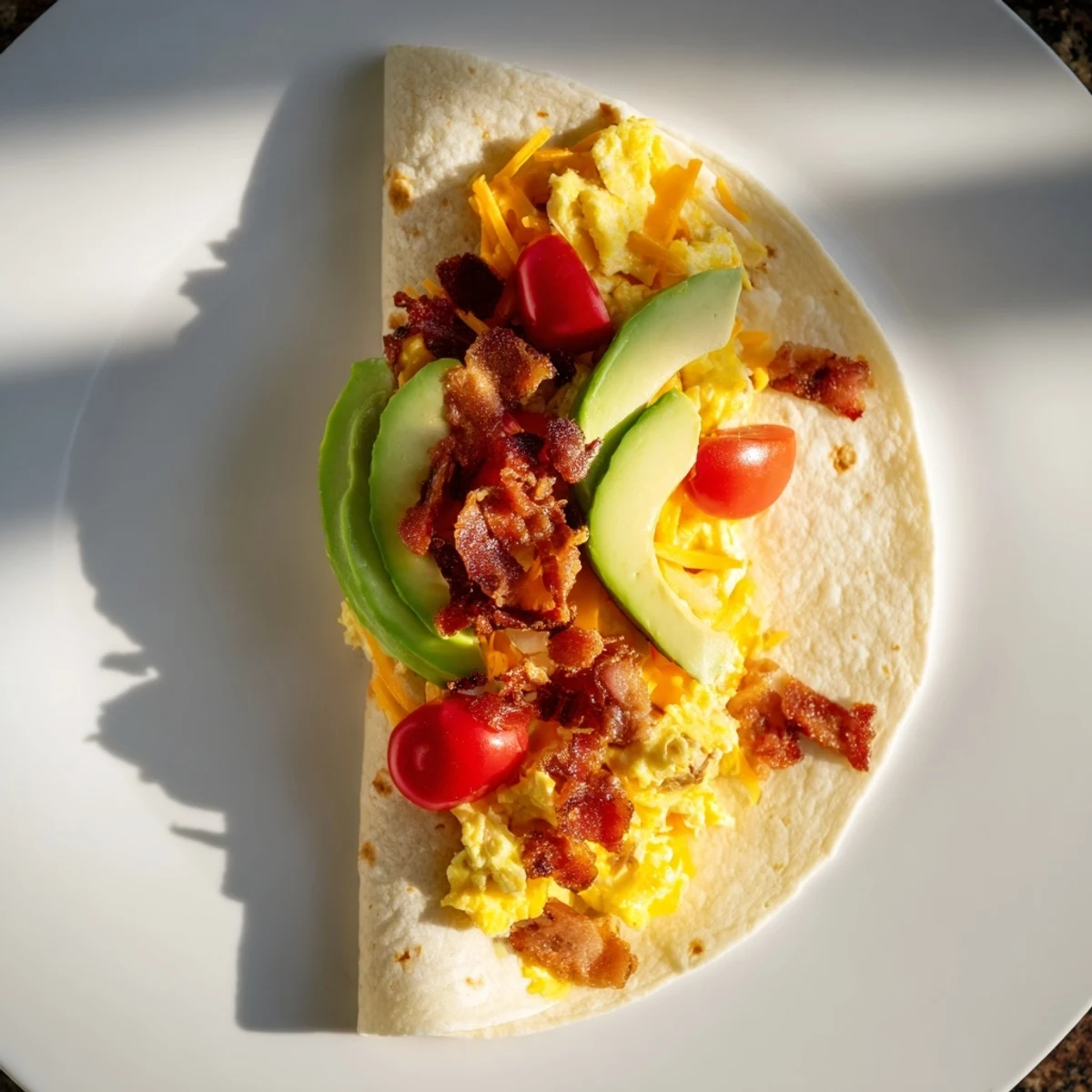 A vibrant image of Easy Festive Breakfast Burrito Wraps, overflowing with scrambled eggs and bacon.