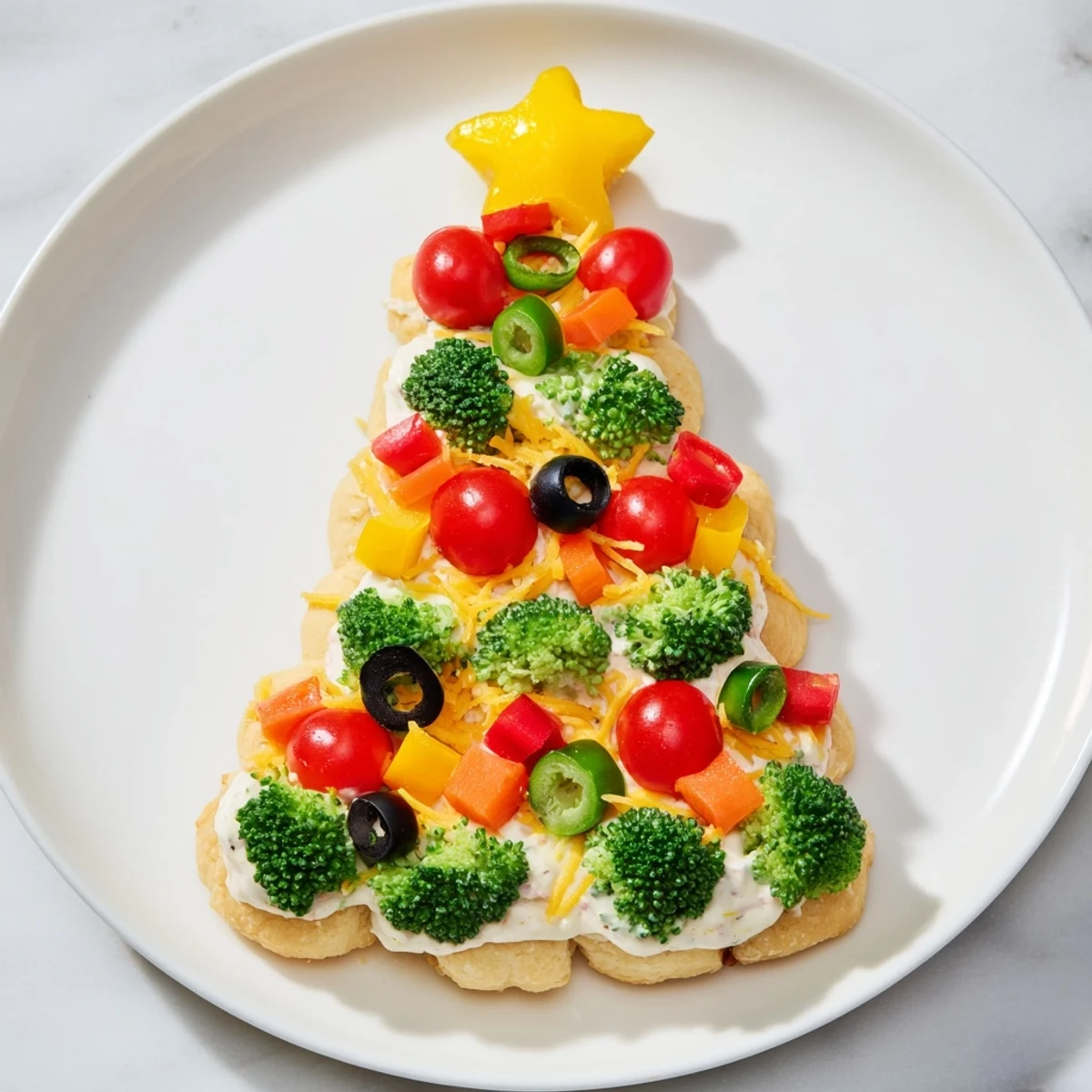 Festive Easy Christmas Tree Veggie Pizza, vibrant with colorful vegetables and creamy base for the holidays.