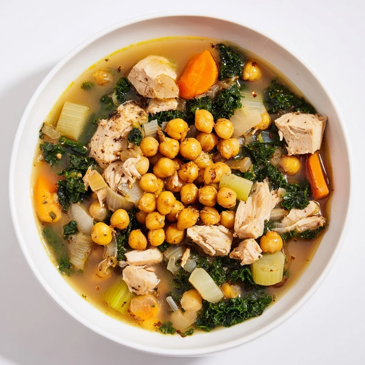 Chicken Kale Soup with Crispy Chickpeas, a warm bowl filled with savory chicken and vibrant kale.