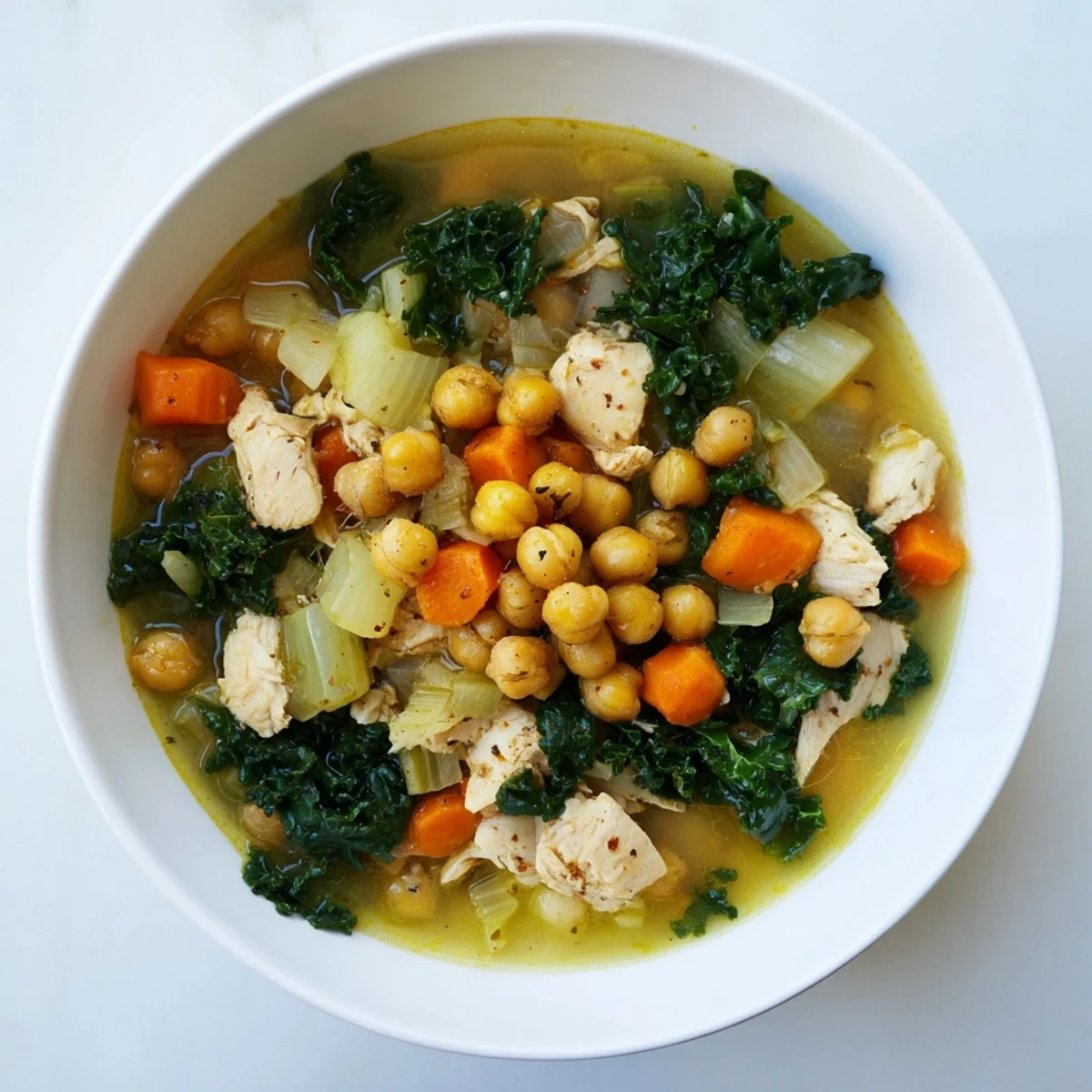 A steaming bowl of Chicken Kale Soup with Crispy Chickpeas, garnished with crunchy, spiced chickpeas.