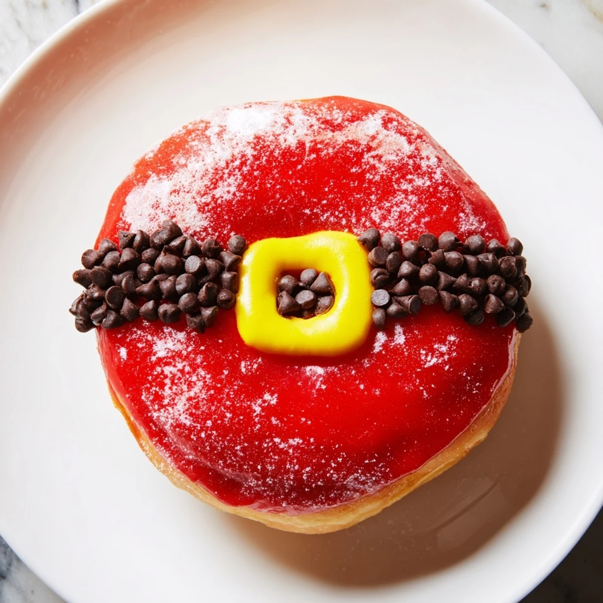 Festive Santa Belly Donuts, glazed red and decorated with a chocolate belt, ready to eat.
