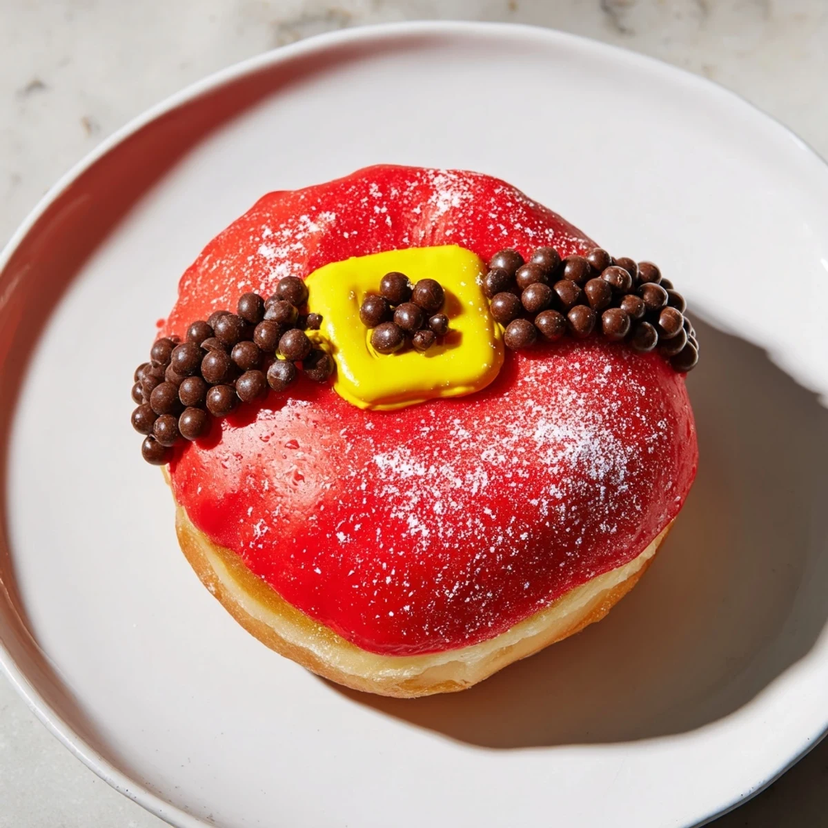 Enjoy these homemade Santa Belly Donuts, soft, frosted rings with a chocolate belt buckle, so delicious!