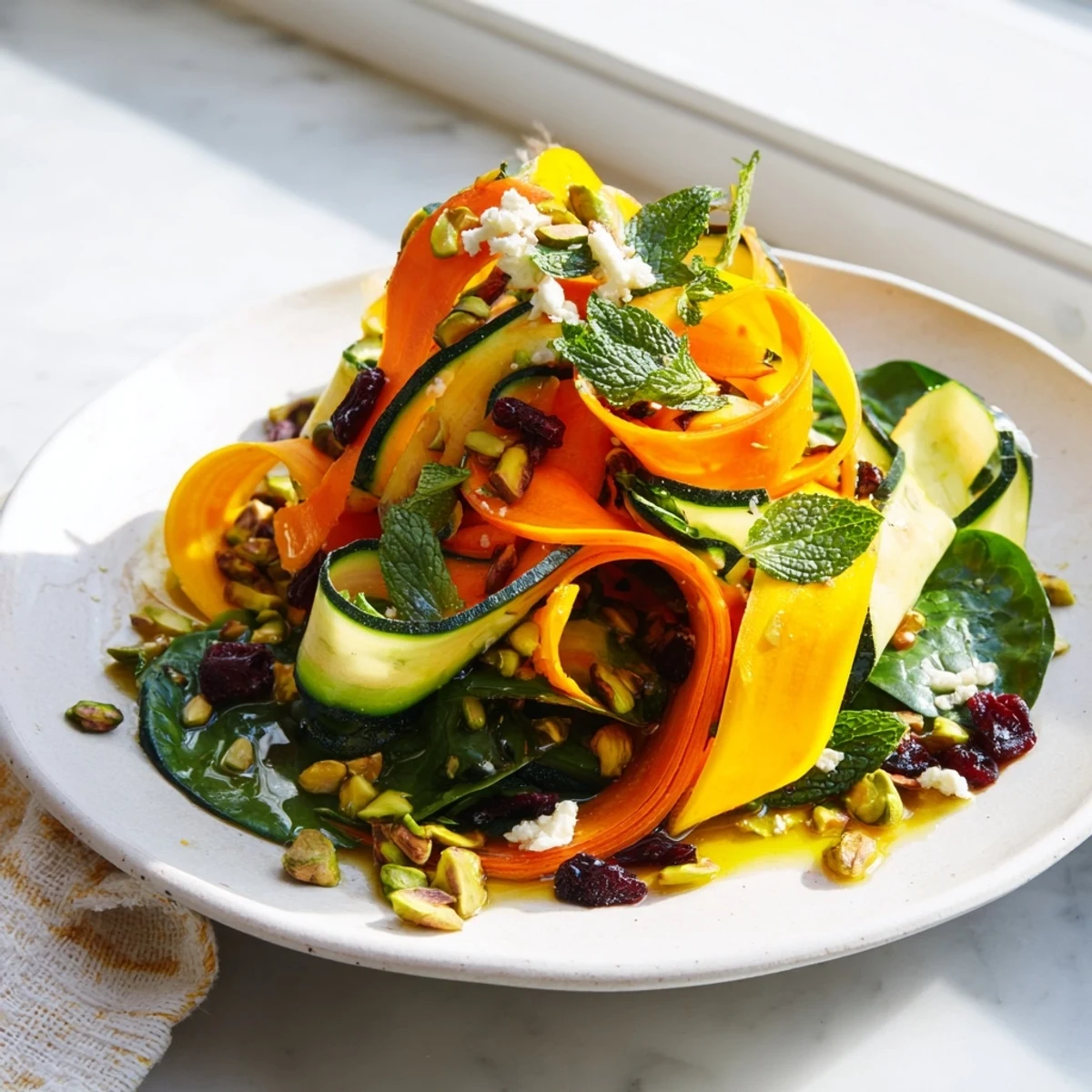 A close-up of a delightful Pistachio and Cranberry Ribbon Salad, showcasing fresh, colorful ingredients.
