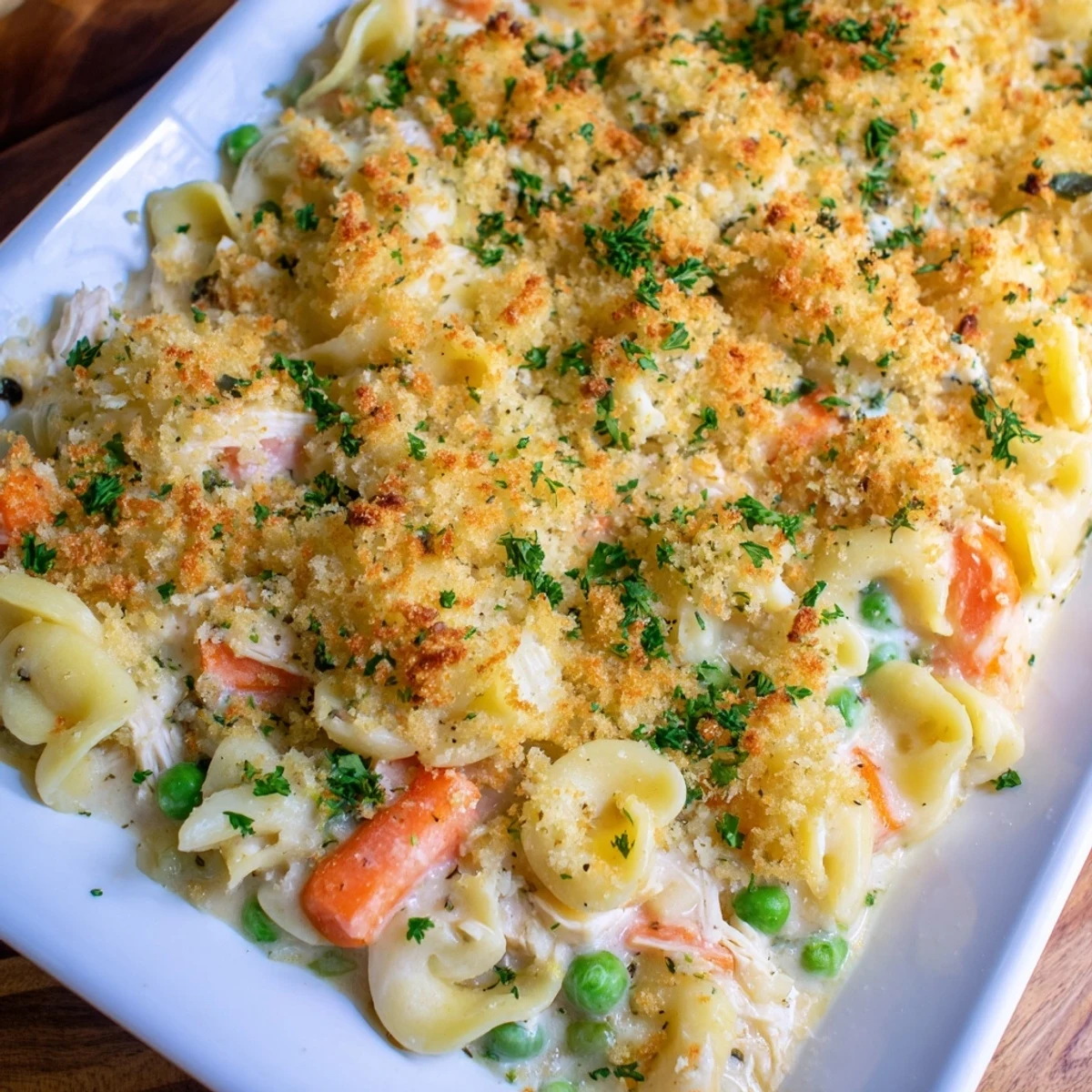 Golden-brown Baked Cream of Chicken Noodle Soup Pasta, bubbling hot with melted cheese and creamy sauce.