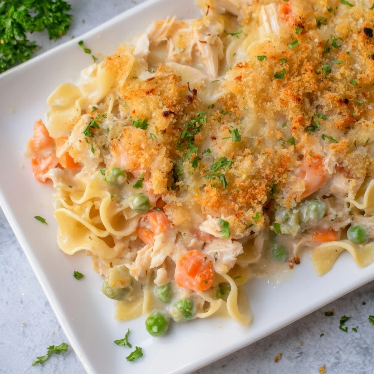 A close-up shot of the Baked Cream of Chicken Noodle Soup Pasta with a crispy breadcrumb topping.