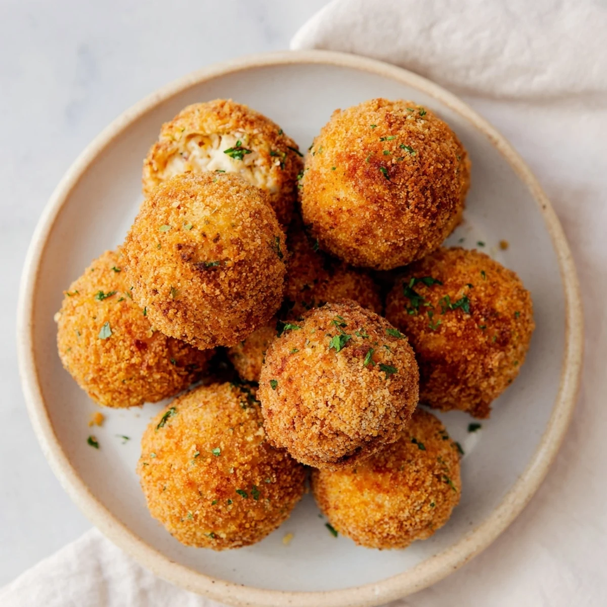 A plate of Creamy Chicken & Rice Arancini Balls; imagine the savory aroma and delicious, creamy filling.
