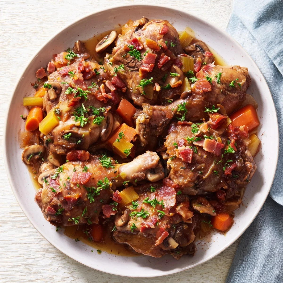 A rich, saucy, close-up view of Instant Pot Coq au Vin Style Chicken Thighs, garnished with fresh parsley.