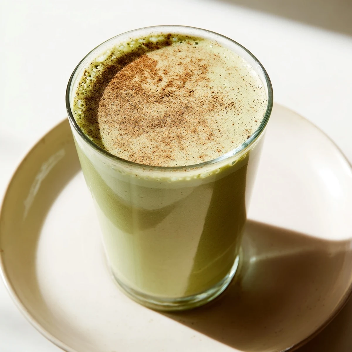 A thick Matcha Snickerdoodle Protein Shake shows swirls of green and brown, ready for a quick, healthy breakfast.