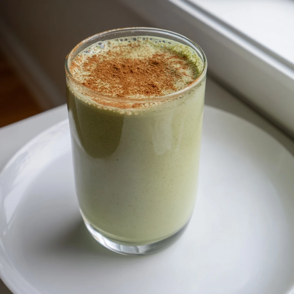 Matcha Snickerdoodle Protein Shake, a vibrant green smoothie with creamy texture and cinnamon aroma.