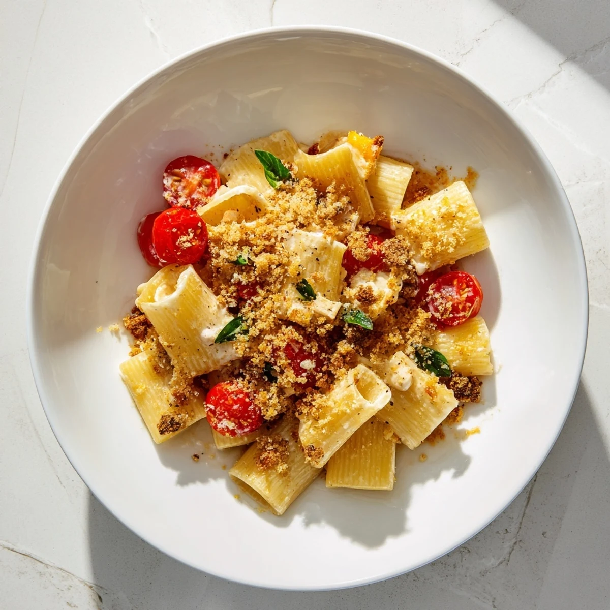 A beautiful, close-up view of the flavorful Baked Goat Cheese Snowflake Tomato Basil Pasta, fresh from the oven.