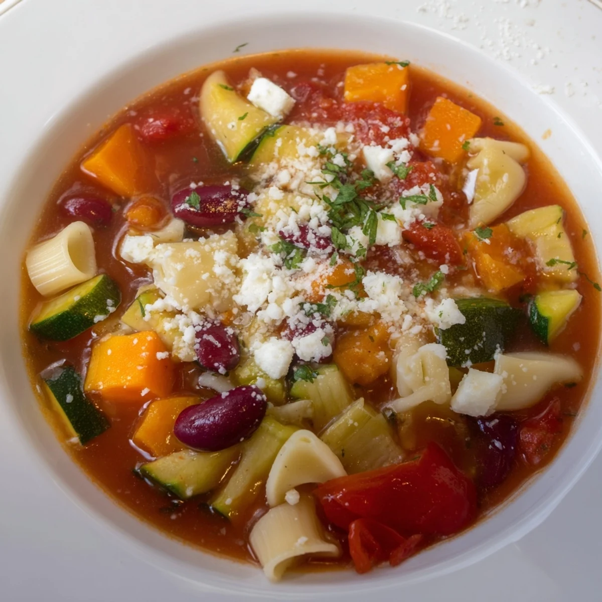 A close-up view of the Veggie-Packed Minestrone Christmas Pasta Pot, filled with flavorful pasta and beans.