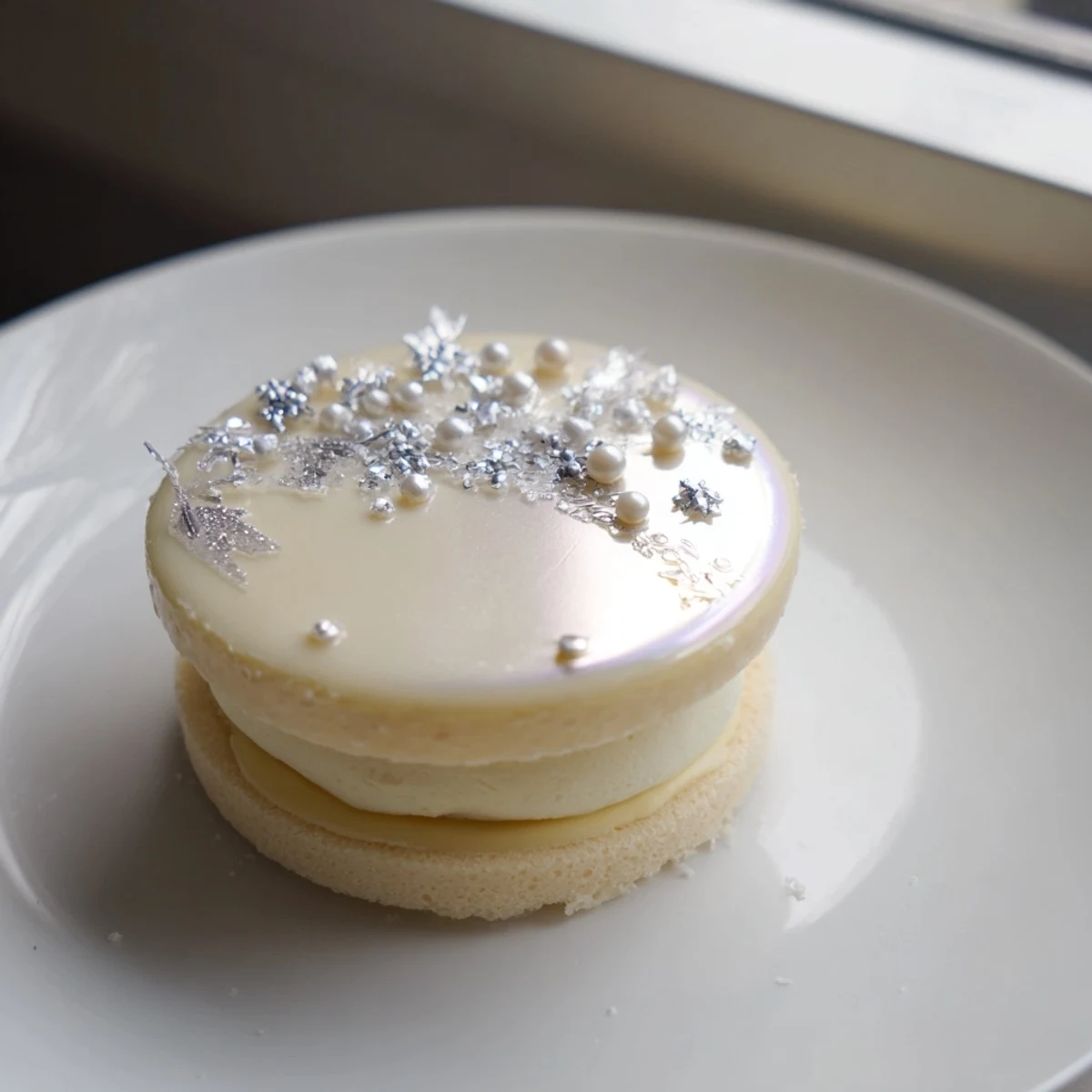 Diamond Ring Engagement Cake, glistening with a creamy white chocolate mousse, ready to serve and enjoy.