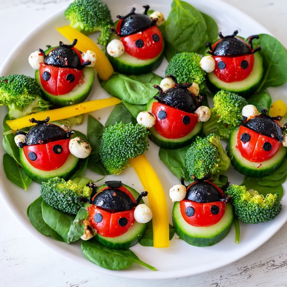 Delicious Ladybug Garden Platter, a vibrant, colorful appetizer with fresh cherry tomatoes and olives.