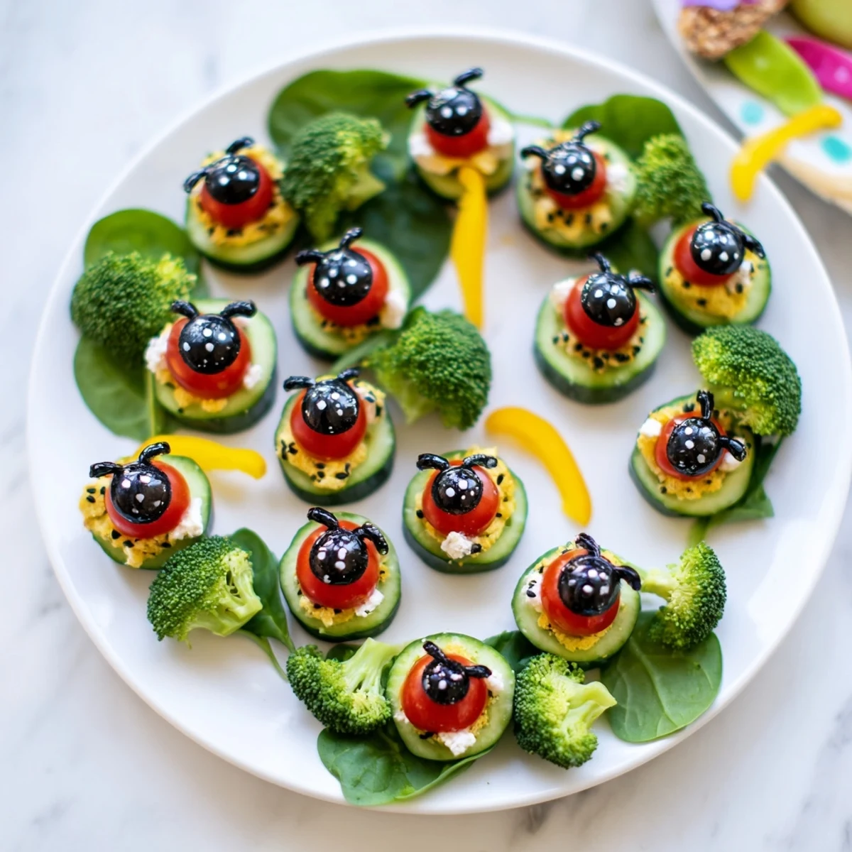 A whimsical Ladybug Garden Platter, creatively arranged with mozzarella, perfect for a kids' party.