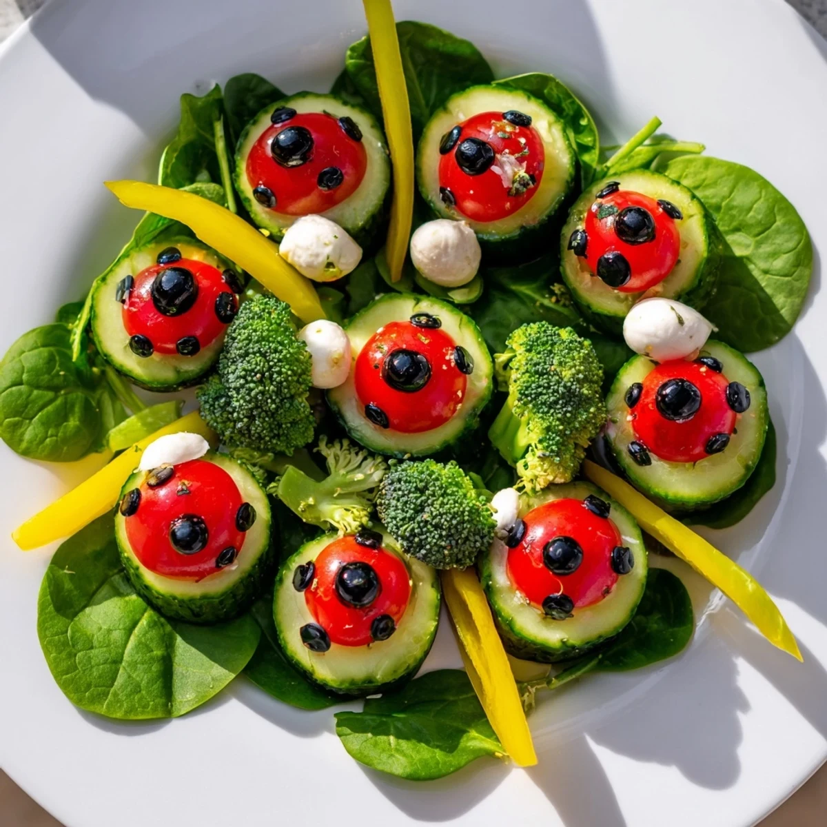 This festive Ladybug Garden Platter features veggie ladybugs on a bed of fresh greens and cheese.