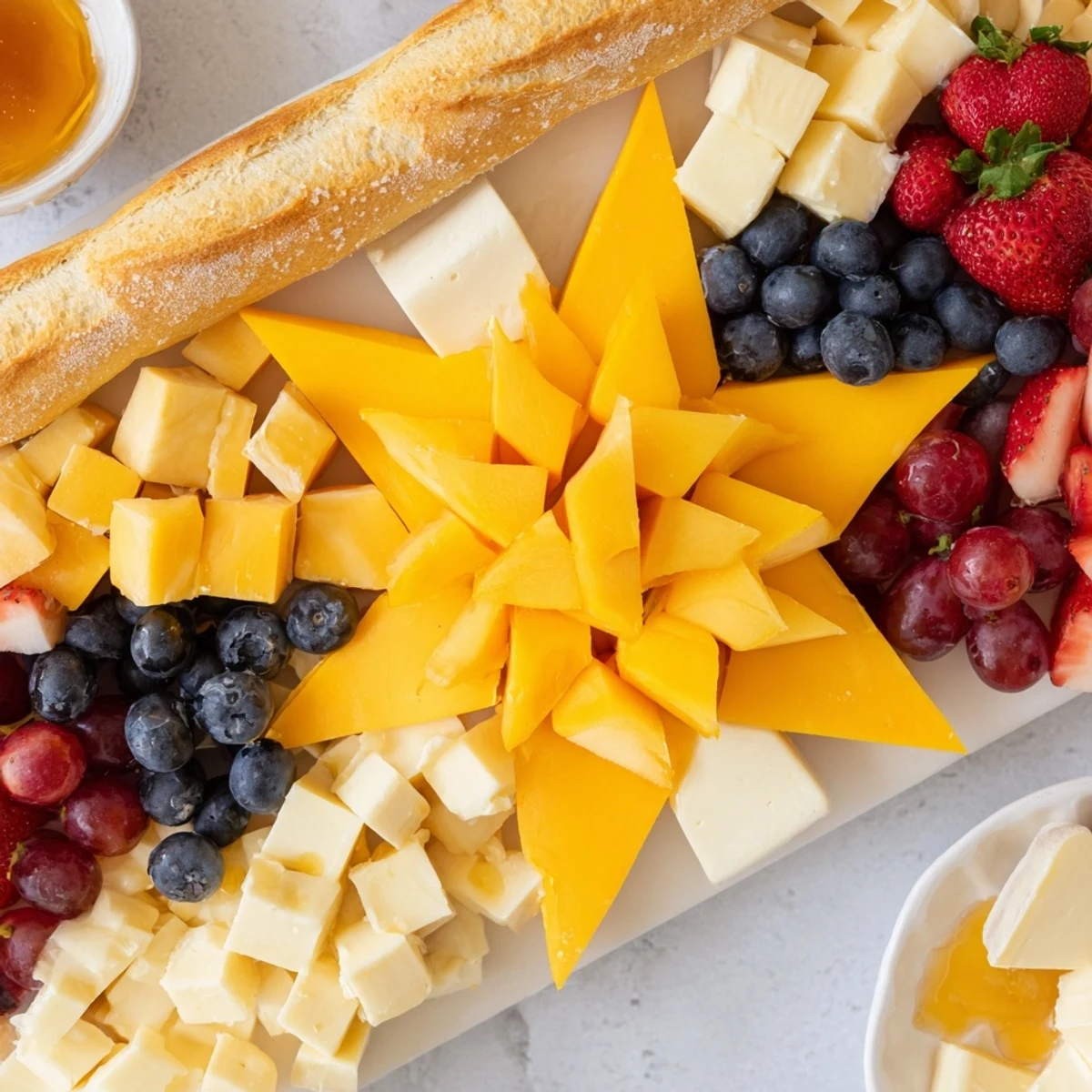 This Shooting Star Snack Board showcases vibrant mango stars, creamy brie, and crunchy crackers for a delightful appetizer.