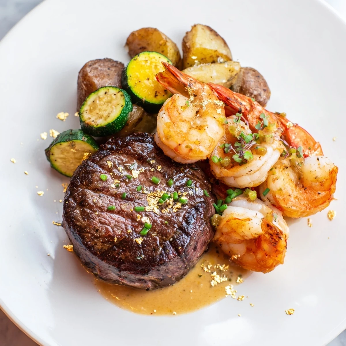 Golden Heart Luxury Platter: Sizzling filet mignon, sea scallops, and shrimp artfully arranged for a stunning meal.