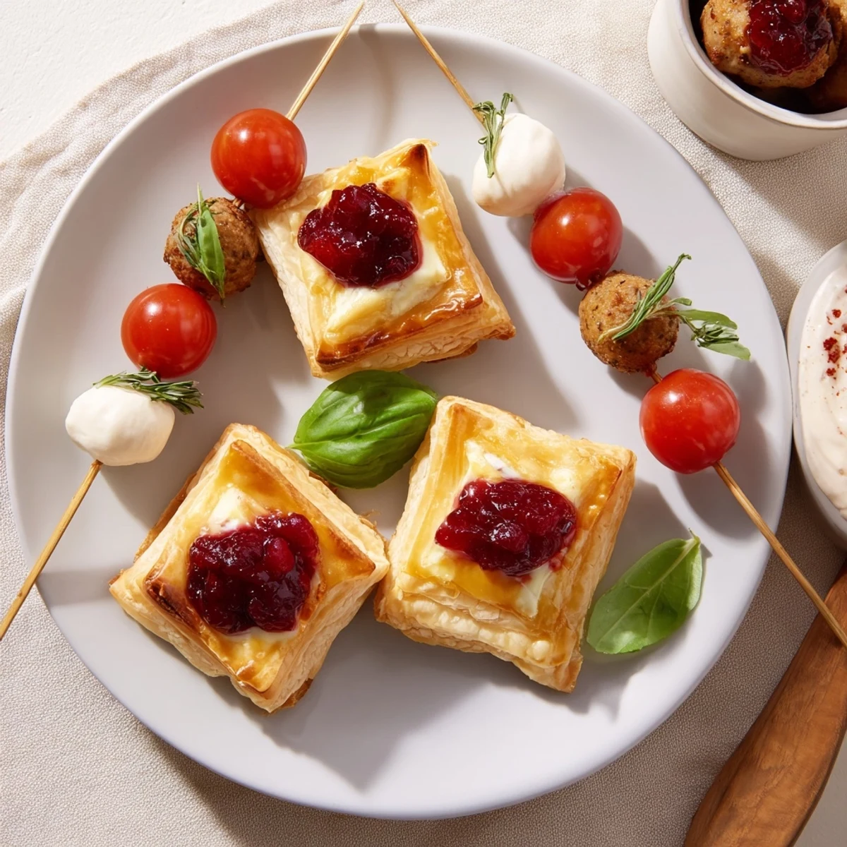 Festive Appetizer Trio: A tantalizing close-up showcasing cranberry brie bites, caprese skewers, and spiced meatballs.