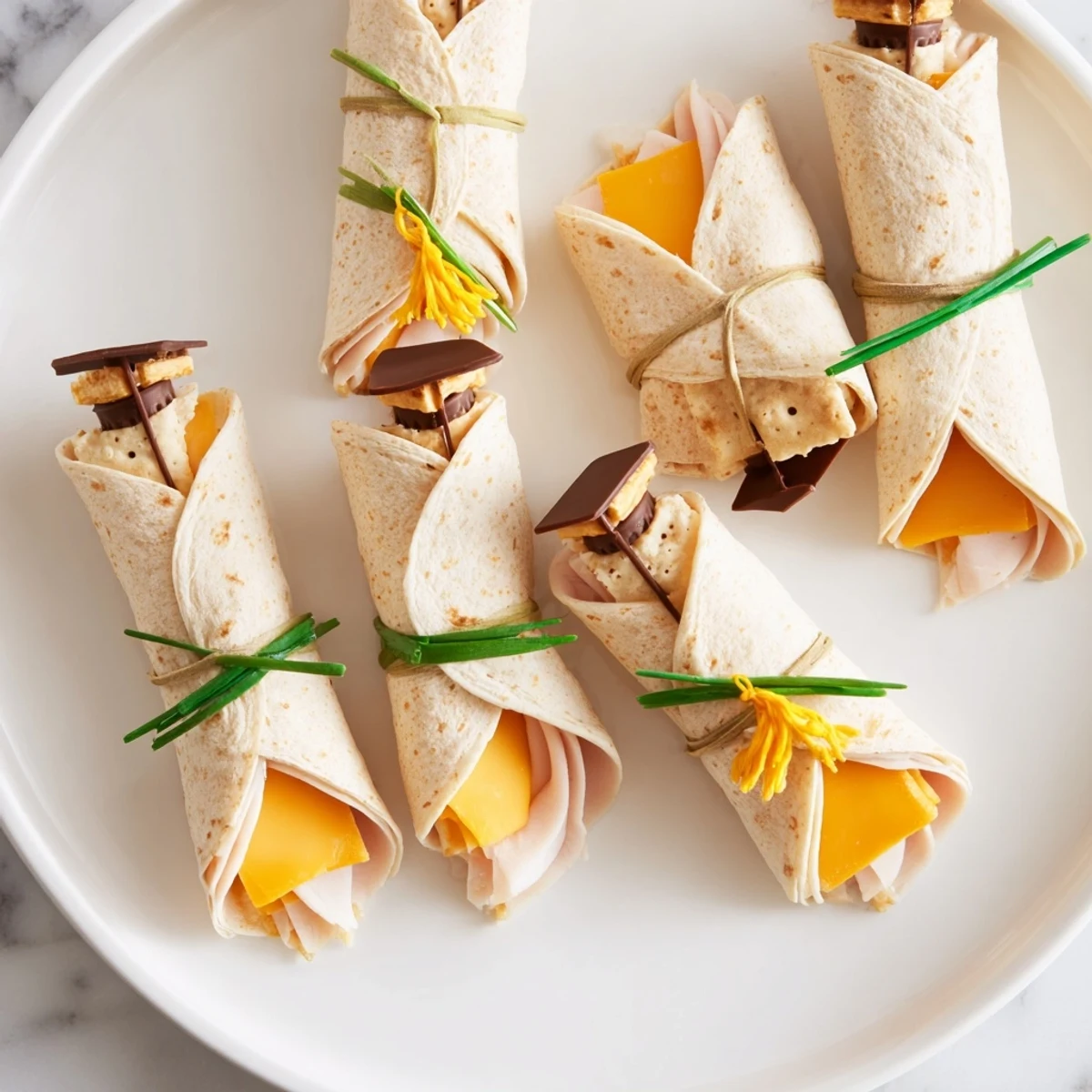 Golden graduation cap and diploma snack wraps, a fun appetizer with layered fillings and tied scrolls.