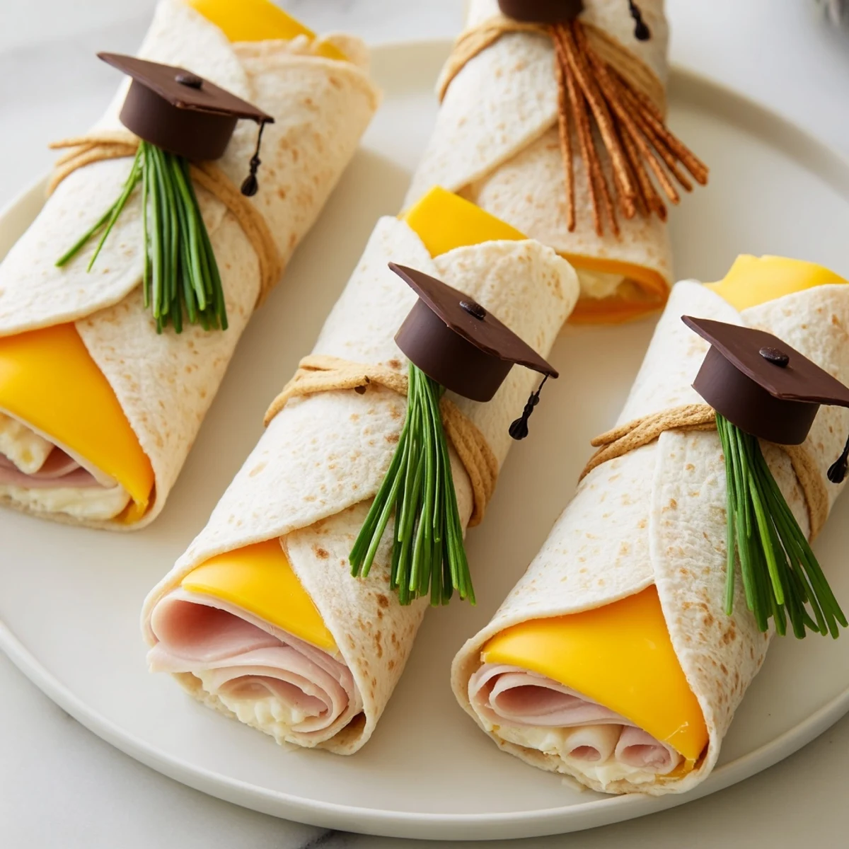 Savory turkey or cheese-filled diploma wraps with graduation cap crackers, ready to celebrate.
