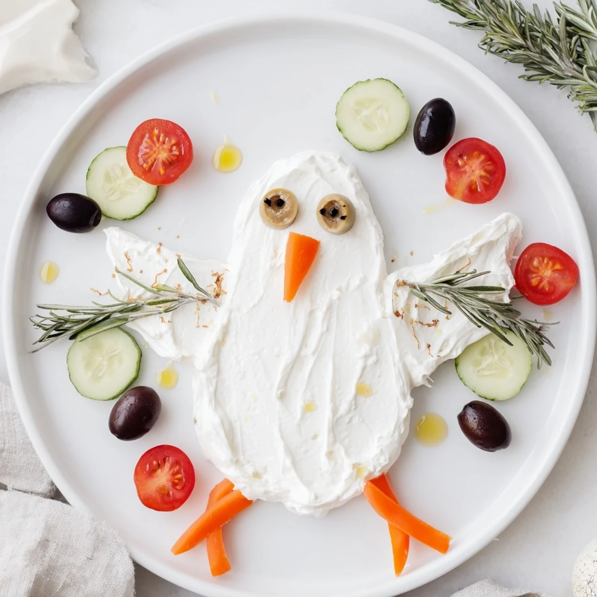 Beautifully arranged Peace Dove Christmas Olive Platter, showcasing Kalamata olives, tomatoes, and rosemary garnish.