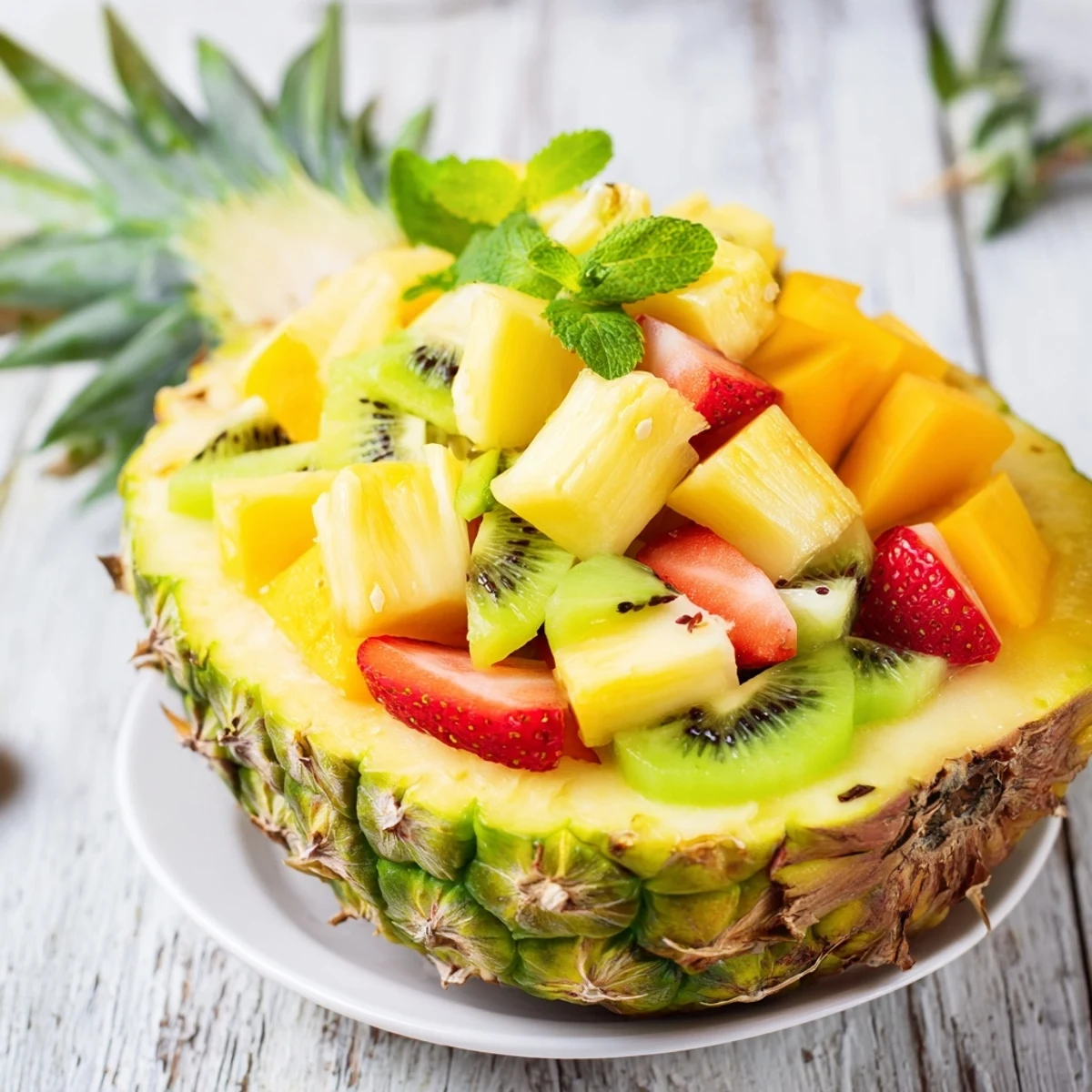 Vibrant Tropical Pineapple Fruit Boat overflowing with fresh fruit, drizzled with lime and honey.