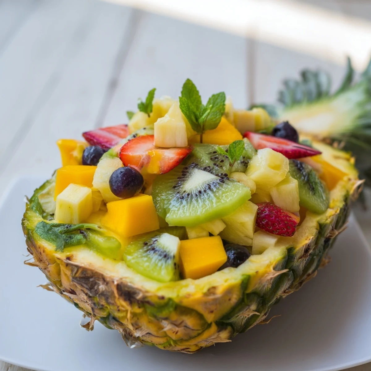 A beautiful Tropical Pineapple Fruit Boat, a colorful summer dessert served chilled and garnished with mint.