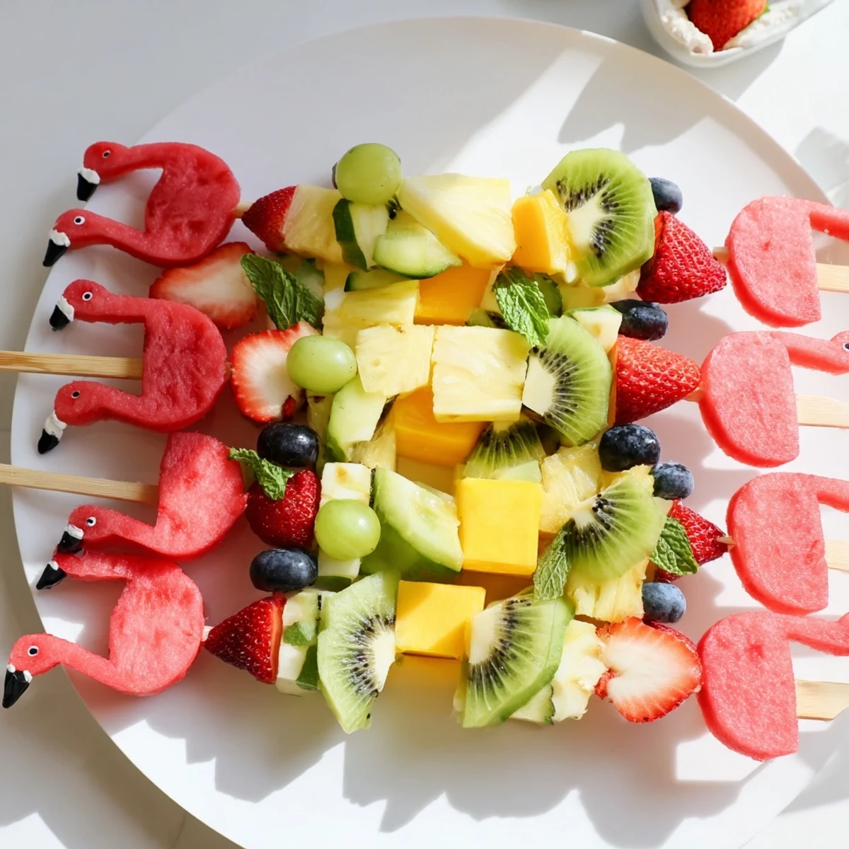 Beautifully presented Flamingo Fruit Skewer Platter; imagine the sweet, refreshing taste of each bite.
