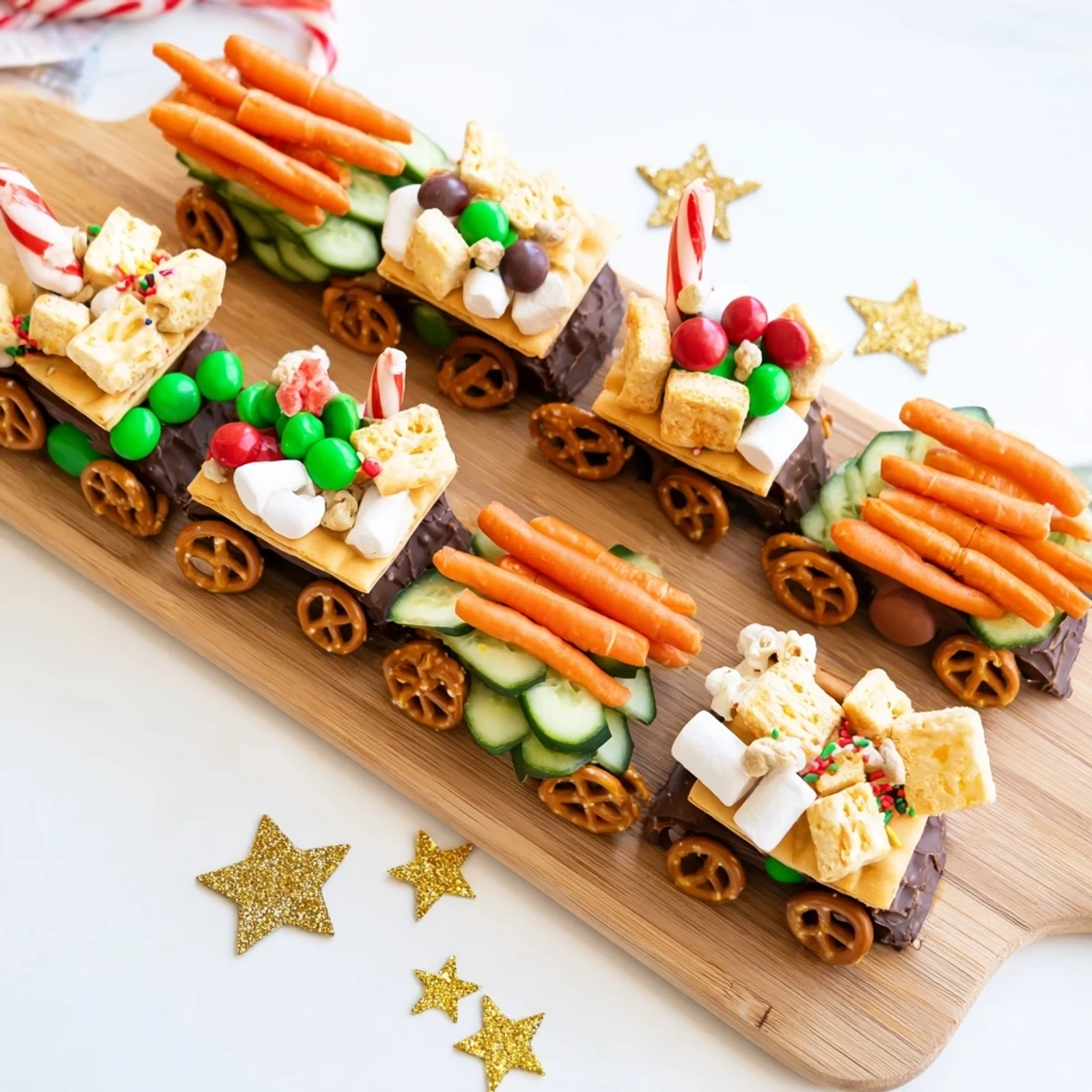 A holiday Polar Express Train Treat Board brimming with colorful treats, perfect for movie night fun!